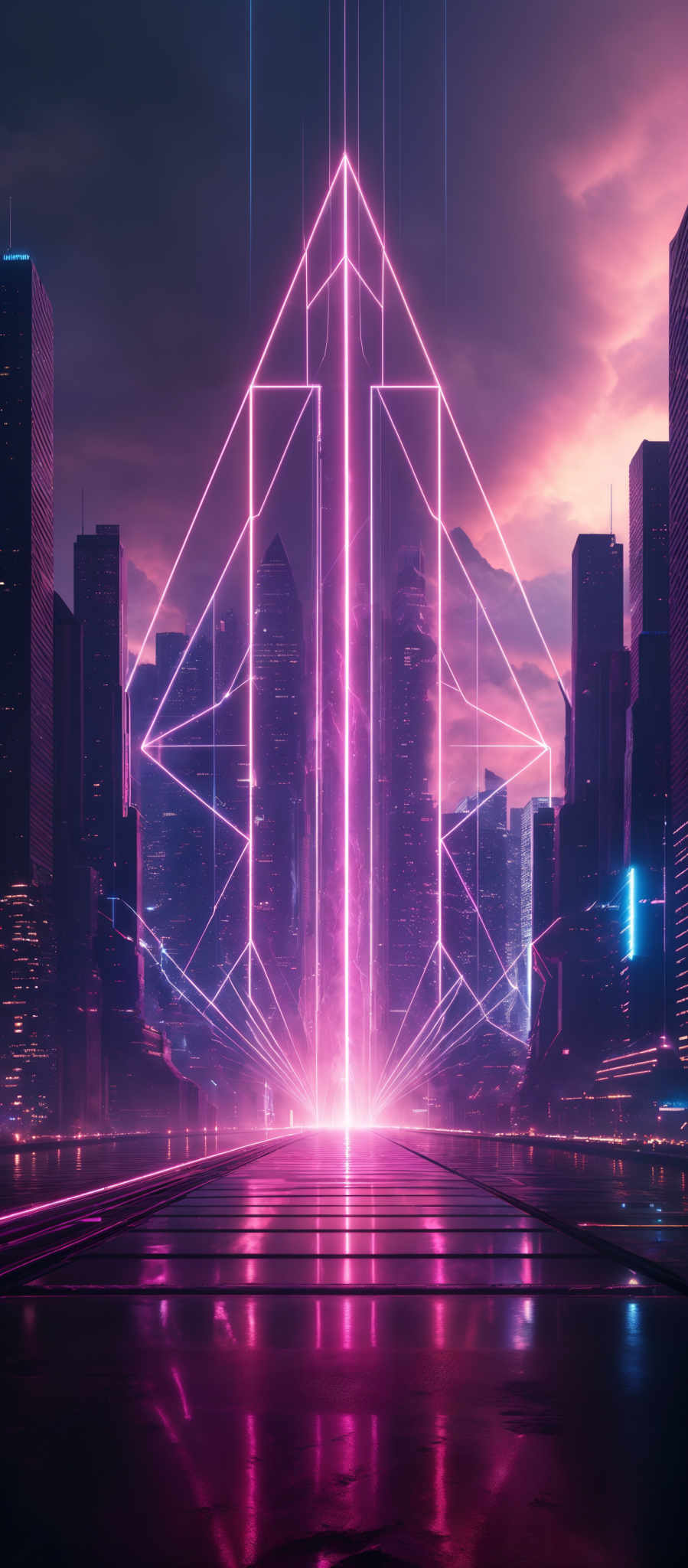 The image showcases a futuristic cityscape during what appears to be dusk or dawn. The dominant colors are shades of pink, purple, and blue. The sky is painted with hues of pinks and purples, suggesting a time when the sun is either rising or setting. The city itself is adorned with tall skyscrapers, some of which have neon lights emanating from their windows. In the center of the image, there's a large, geometric structure made of neon lines, resembling an inverted triangle. This structure is emanated with a bright pink glow, which contrasts beautifully with the darker buildings surrounding it. The ground