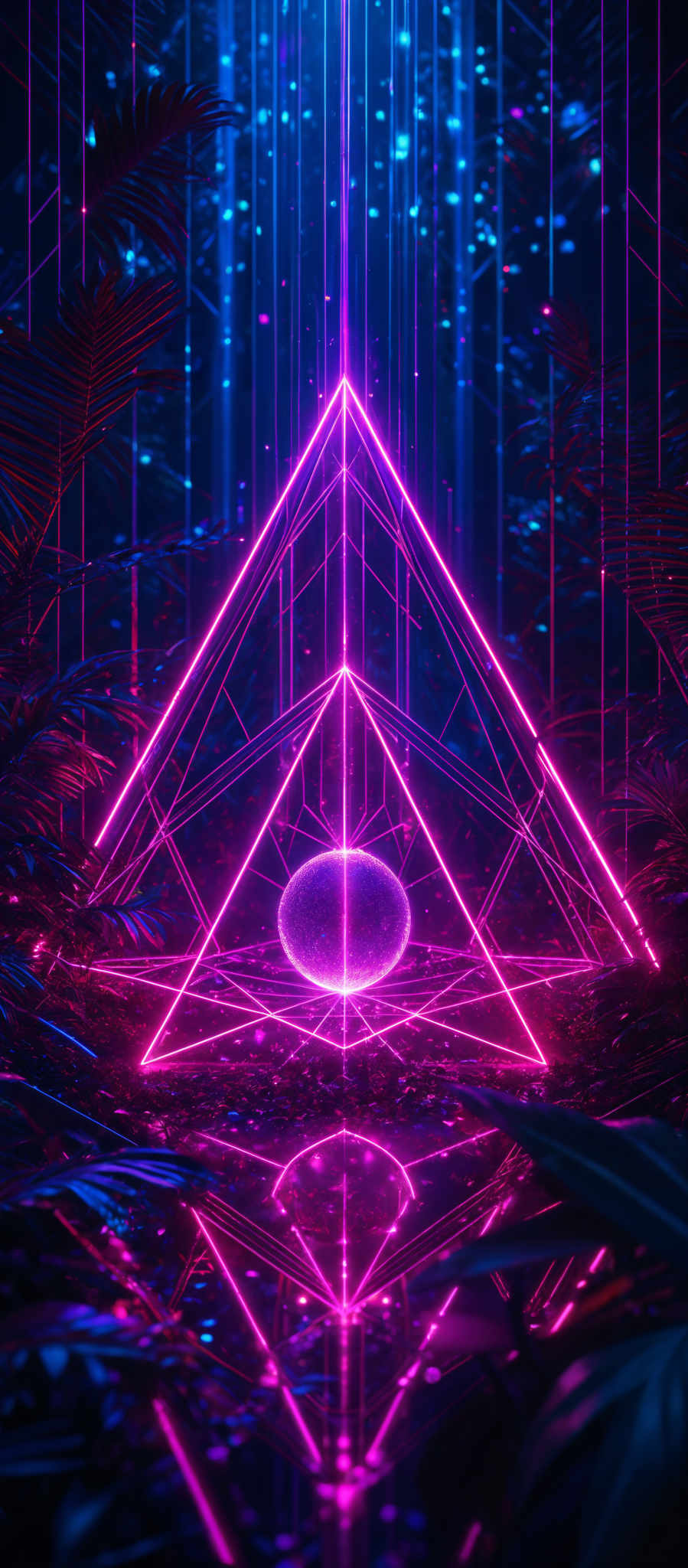 The image showcases a vibrant and neon-lit scene. The dominant colors are shades of pink, blue, and purple. The primary shape is a triangular prism, which is illuminated in pink and blue hues. Within this prism is a glowing, spherical object. Surrounding the prism are various geometric shapes, including triangles and circles, all illuminating with the same neon colors. The background is filled with a deep blue hue, and there are hints of tropical plants, suggesting an indoor jungle or forest setting.