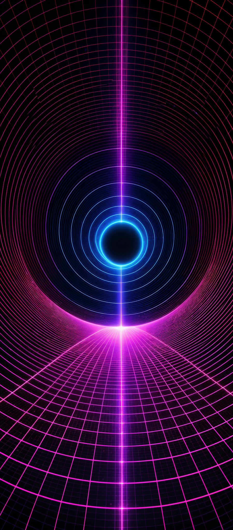 The image showcases a vibrant and mesmerizing digital artwork. It predominantly features neon colors, with shades of pink, purple, and blue. The main shape is a series of concentric circles, with the outermost circle being the largest and the innermost one being the smallest. These circles are set against a grid pattern, creating a tunnel-like perspective. The central vertical line emits a bright blue glow, acting as a focal point. The overall design gives a sense of depth and perspective, reminiscent of a digital or virtual reality environment.