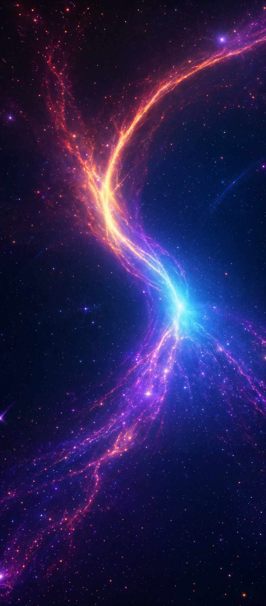 The image showcases a vibrant and mesmerizing cosmic scene. It predominantly features a deep blue background, dotted with numerous bright stars. The central focus is a swirling mass of vivid purple and orange nebulae, intertwined with streaks of golden light. These nebular formations appear to be in motion, creating an almost dynamic and fluid appearance. The overall impression is one of a vast, interstellar expanse, teeming with energy and life.