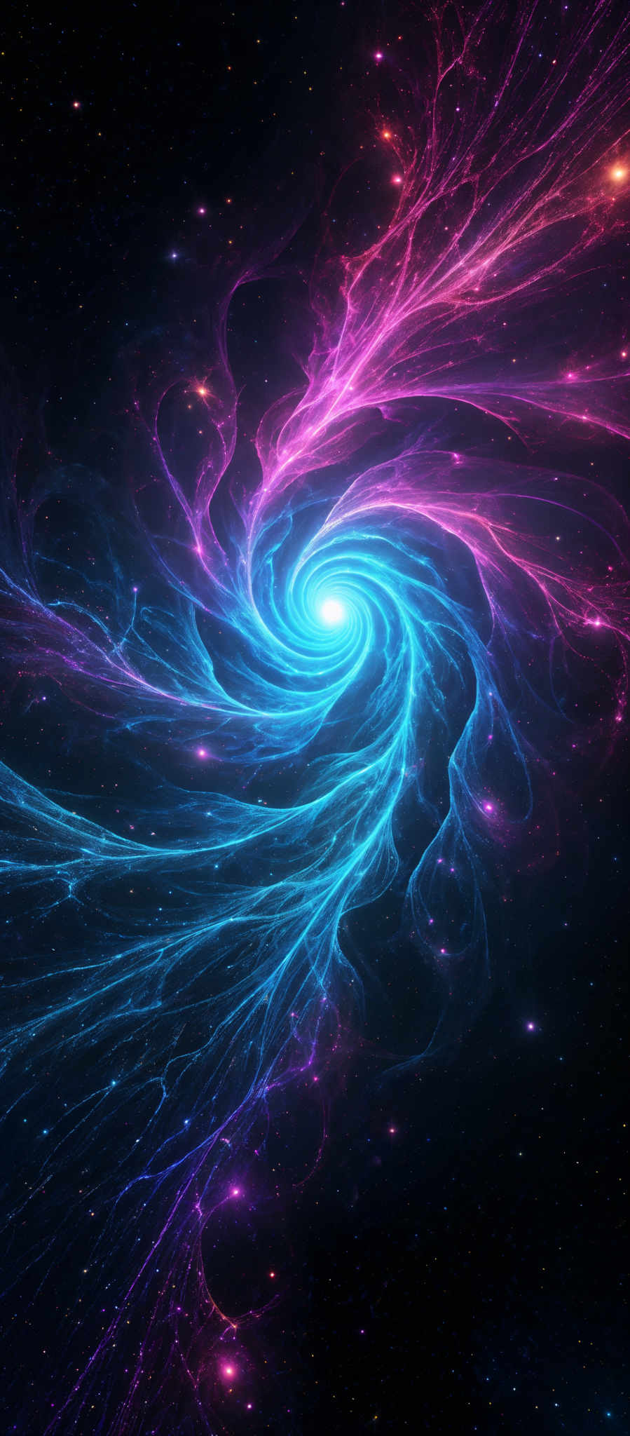 The image showcases a mesmerizing cosmic scene with swirling patterns of vibrant colors. Dominating the center is a bright, radiant spiral, emanating a brilliant blue hue. This spiral is surrounded by a mix of pink, purple, and blue tendrils that seem to be emanated from the core. The background is dotted with numerous stars, adding depth and dimension to the scene. The overall impression is one of a dynamic and energetic cosmic event, possibly depicting a galaxy or nebula in the midst of formation or activity.