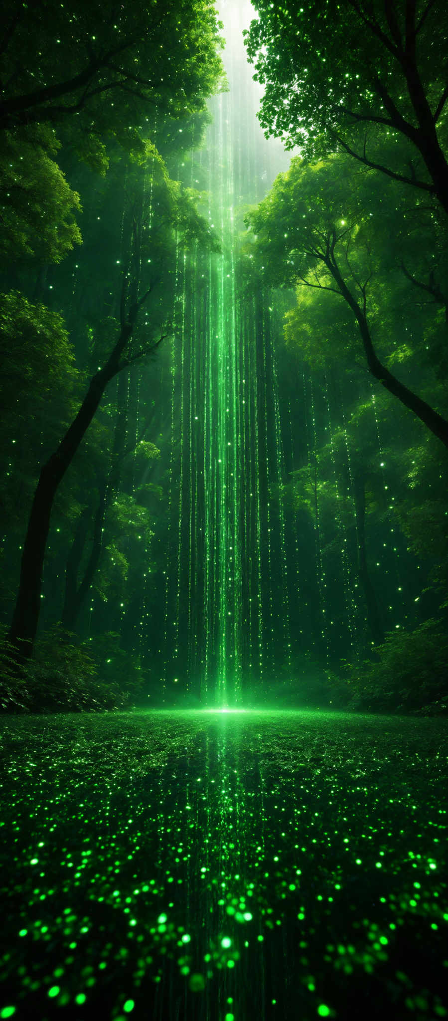 The image showcases a lush, green forest with tall trees. The trees have a dark, almost black outline, contrasting with the vibrant green foliage. Above the trees, there's a radiant beam of light that appears to be shining down, illuminating the scene. This light creates a shimmering effect on the ground below, which is covered in small, glowing particles. The overall ambiance of the image is mystical and serene, with the light and glow adding a magical touch.