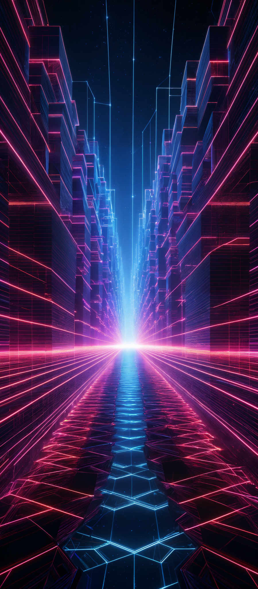 The image showcases a futuristic, digital landscape. It features a symmetrical design with a central pathway leading to a bright light at the end. The pathway is surrounded by multi-layered, rectangular structures, illuminated with vibrant neon colors, primarily pink and blue. These structures give an impression of a digital cityscape or a cyber realm. The ground has a geometric pattern, with hexagonal shapes interspersed with other geometric designs, reflecting the light from the structures above. The overall ambiance is one of advanced technology and a digital universe.