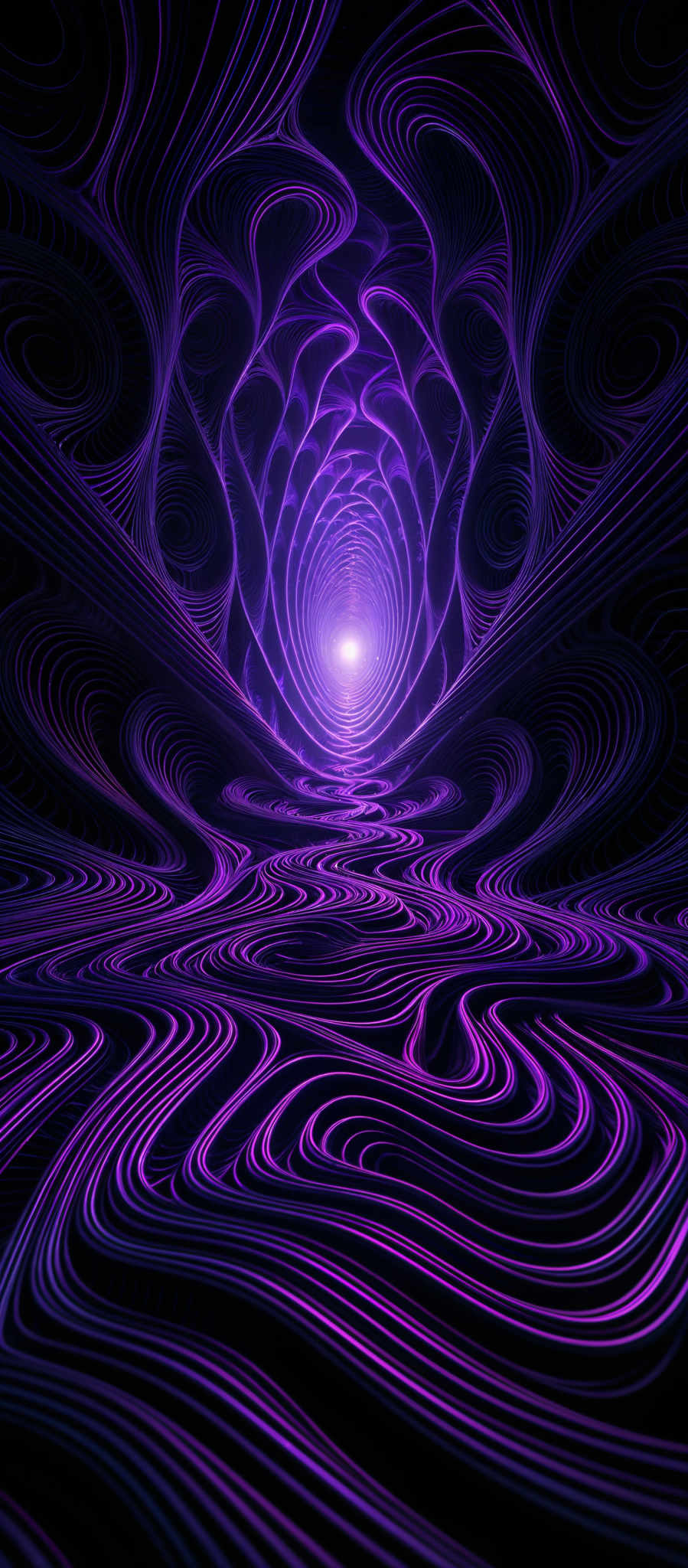 The image showcases a vibrant and intricate pattern of swirling lines in hues of purple and black. The swirls are layered and intertwined, creating a mesmerizing and hypnotic effect. At the center, there's a bright, glowing orb that emits a radiant purple light, illuminating the surrounding patterns. The overall design gives an impression of a cosmic or otherworldly environment, possibly a portal or a gateway to another dimension.