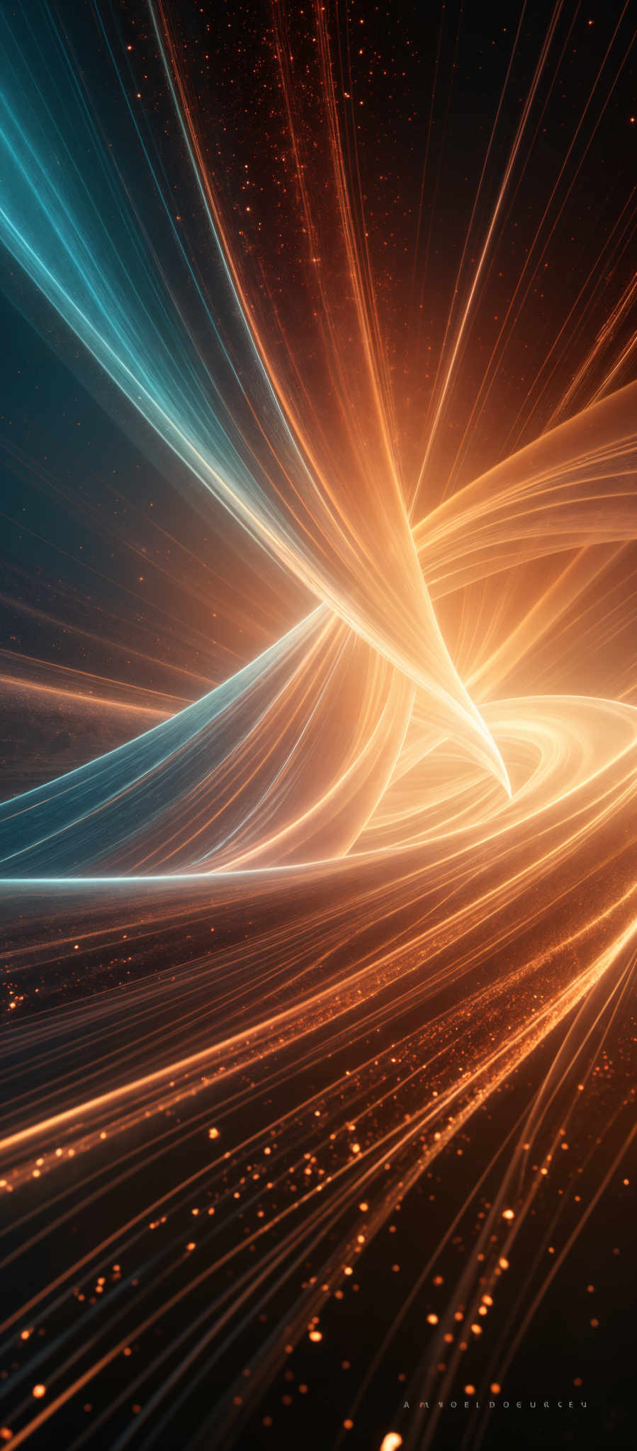 The image showcases a vibrant and dynamic interplay of colors. Dominant hues include deep blues, radiant oranges, and hints of gold. The shape is reminiscent of swirling, intertwining streams of light, creating an impression of motion and energy. The swirls seem to converge at a central point, suggesting a vortex or a point of intense energy. Scattered throughout the image are small, glowing particles or specks, adding depth and a sense of space to the composition.