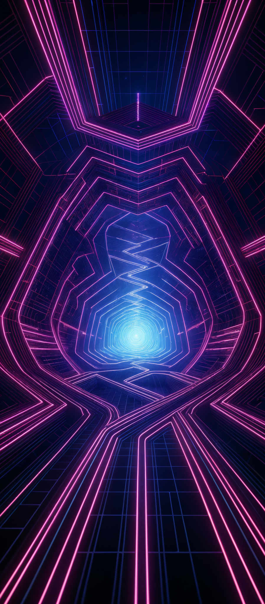 The image showcases a vibrant and intricate design of neon lights. The dominant colors are shades of pink, blue, and purple. The shape is reminiscent of a futuristic or cybernetic tunnel or corridor. The design is symmetrical, with winding neon lines forming a maze-like pattern. At the center, there's a bright, glowing orb or light source, which seems to be the focal point of the design.