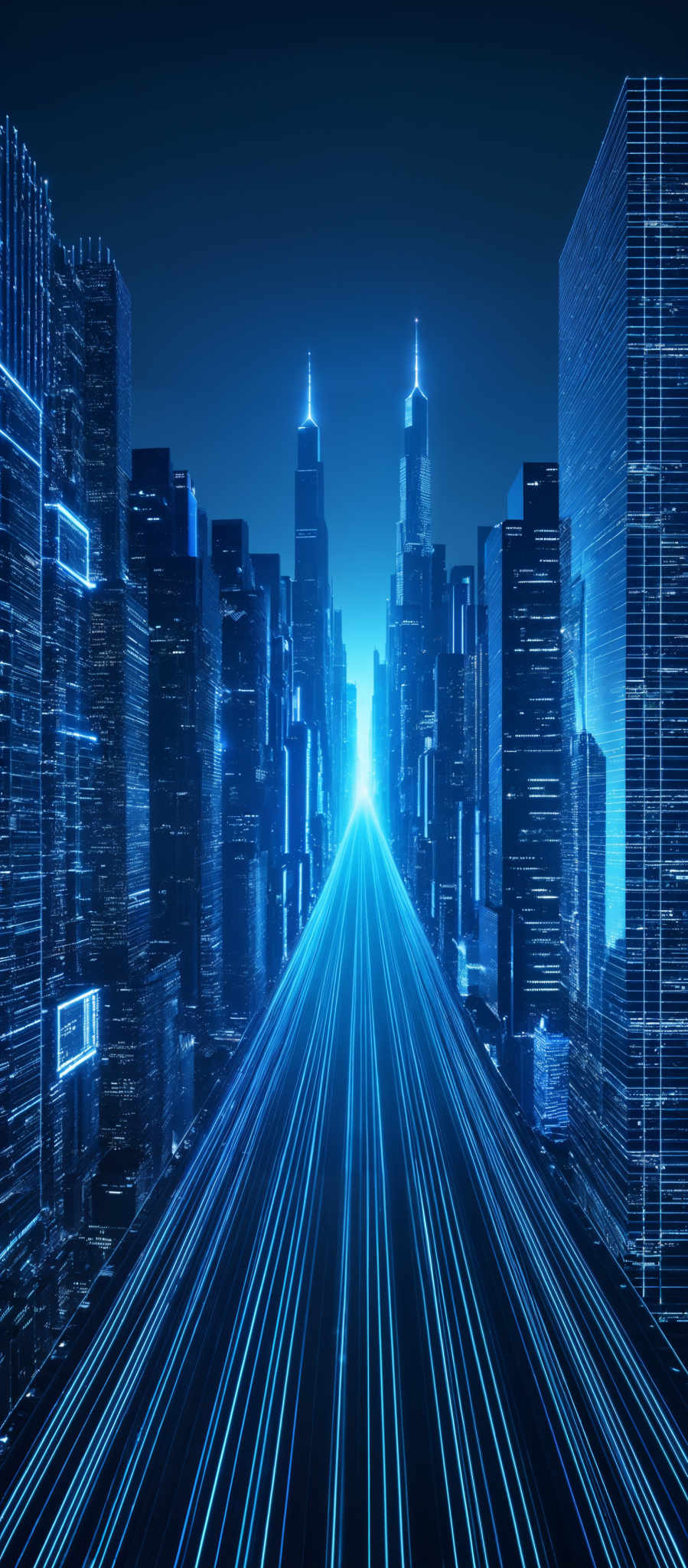 The image showcases a futuristic cityscape at night. The dominant colors are shades of blue and black, creating a serene and mysterious ambiance. The city is characterized by towering skyscrapers, some of which have unique designs and structures. The central focus is a bright light source emanating from the middle of the city, casting a luminous pathway that converges at the horizon. This pathway is highlighted by vibrant blue streaks, suggesting fast-moving vehicles or light trails. The overall impression is one of advanced technology, speed, and urban development.