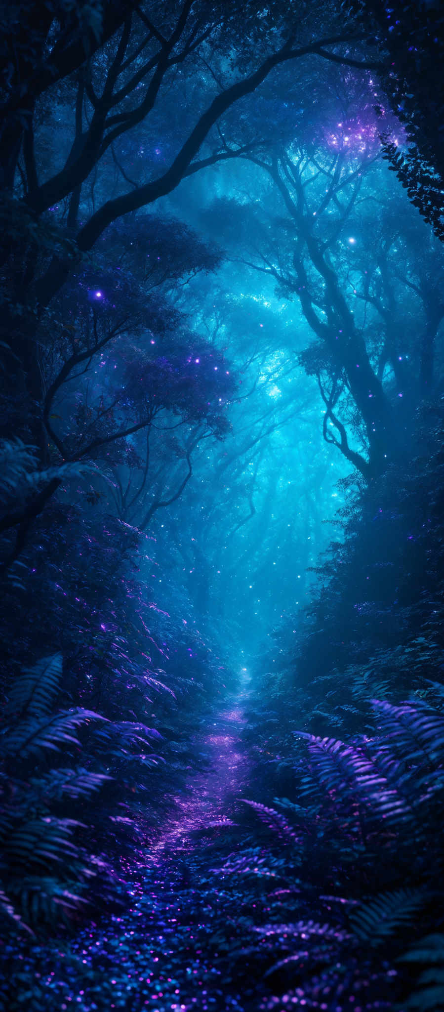 The image showcases a mystical forest scene. The dominant colors are shades of blue and purple, creating a serene and ethereal ambiance. The trees have twisted and gnarled branches, reaching out in various directions. The ground is covered with a carpet of shimmering, multicolored leaves and flowers, reflecting the surrounding light. The pathway in the center of the image is illuminated, leading the viewer's eye deeper into the forest. The overall impression is one of wonder and enchantment.