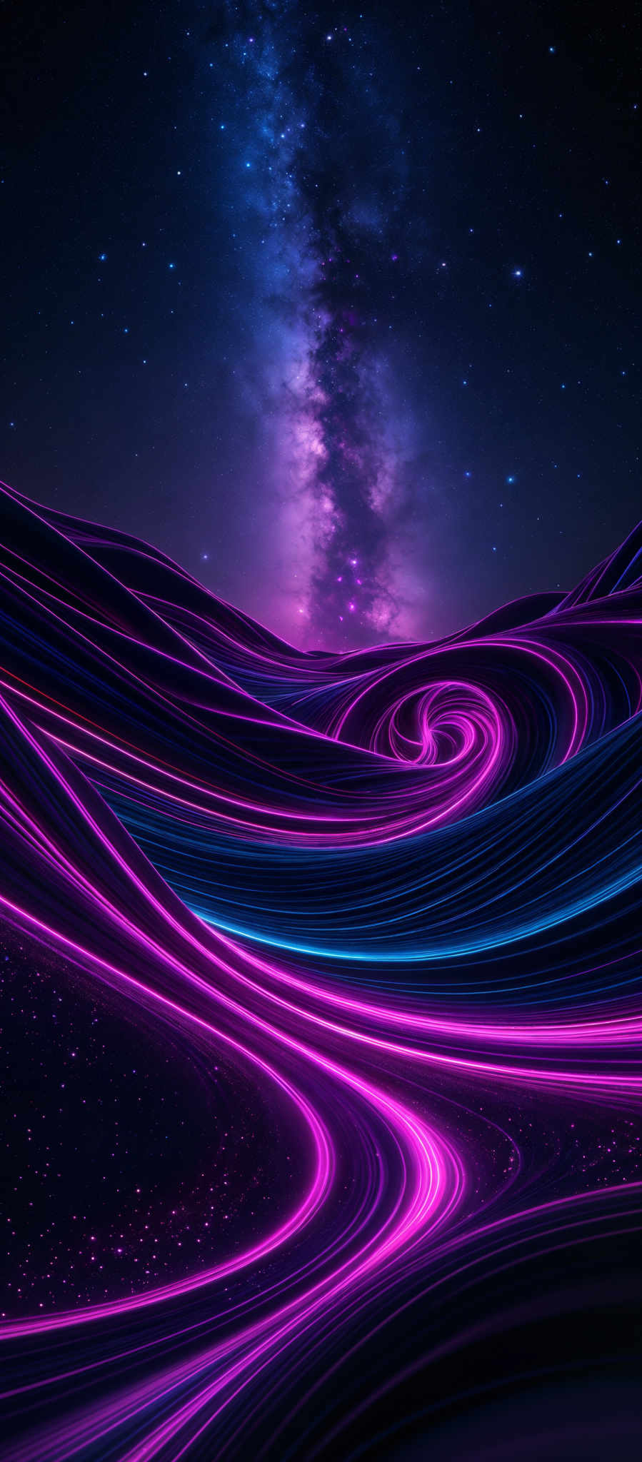 The image showcases a vibrant and mesmerizing cosmic scene. The dominant colors are deep blues, purples, and neon pinks. The shape is predominantly curvilinear, with swirling patterns resembling flowing waves or abstract sculptures. The central part of the image features a magnificent view of the Milky Way galaxy, with its dense star clusters and nebulous formations. The foreground has intricate, abstract patterns that seem to be made of flowing energy or light, giving the image a surreal and otherworldly feel.