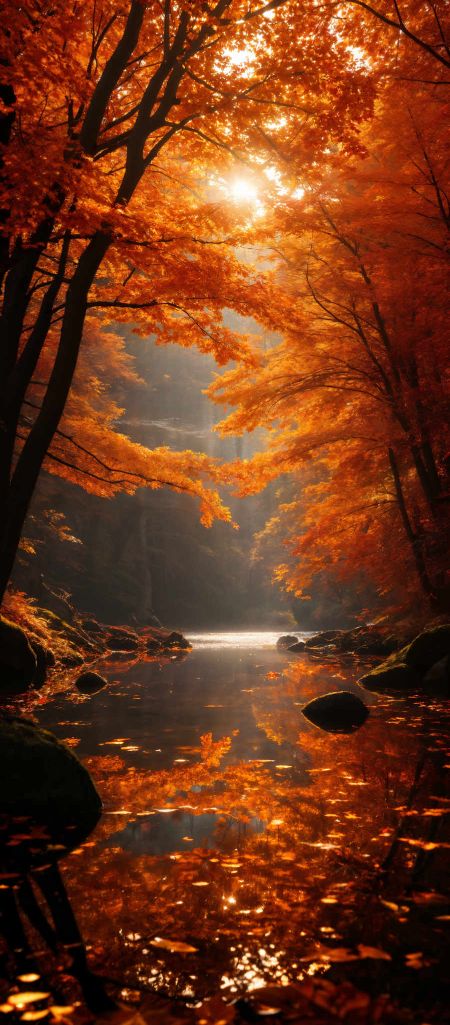 The image showcases a serene forest scene during autumn. The dominant colors are various shades of orange and red, representing the autumn foliage. The trees have a tall and slender shape, with branches extending outwards. The ground is covered with fallen leaves, and there's a calm river or stream in the foreground with rocks scattered around. The water reflects the trees and the sky, creating a mirror-like effect. The sunlight filters through the trees, casting a warm glow and creating a peaceful ambiance.