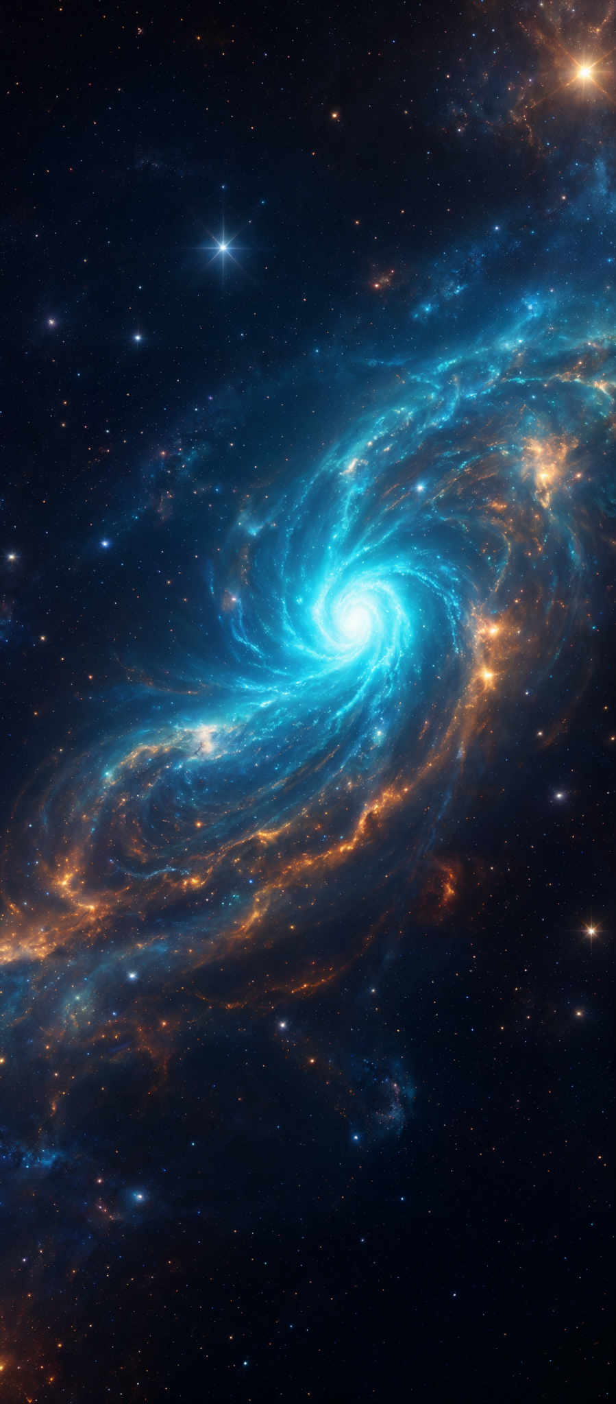 The image showcases a mesmerizing cosmic scene with a dominant spiral galaxy at its center. The galaxy is characterized by swirling arms of blue and golden-yellow gas and dust, with a bright white nucleus at its core. Surrounding the galaxy are numerous stars, some of which are brighter than others, scattered across the deep blue backdrop of space. The overall color palette is dominated by shades of blue, gold, and white, creating a sense of depth and wonder.