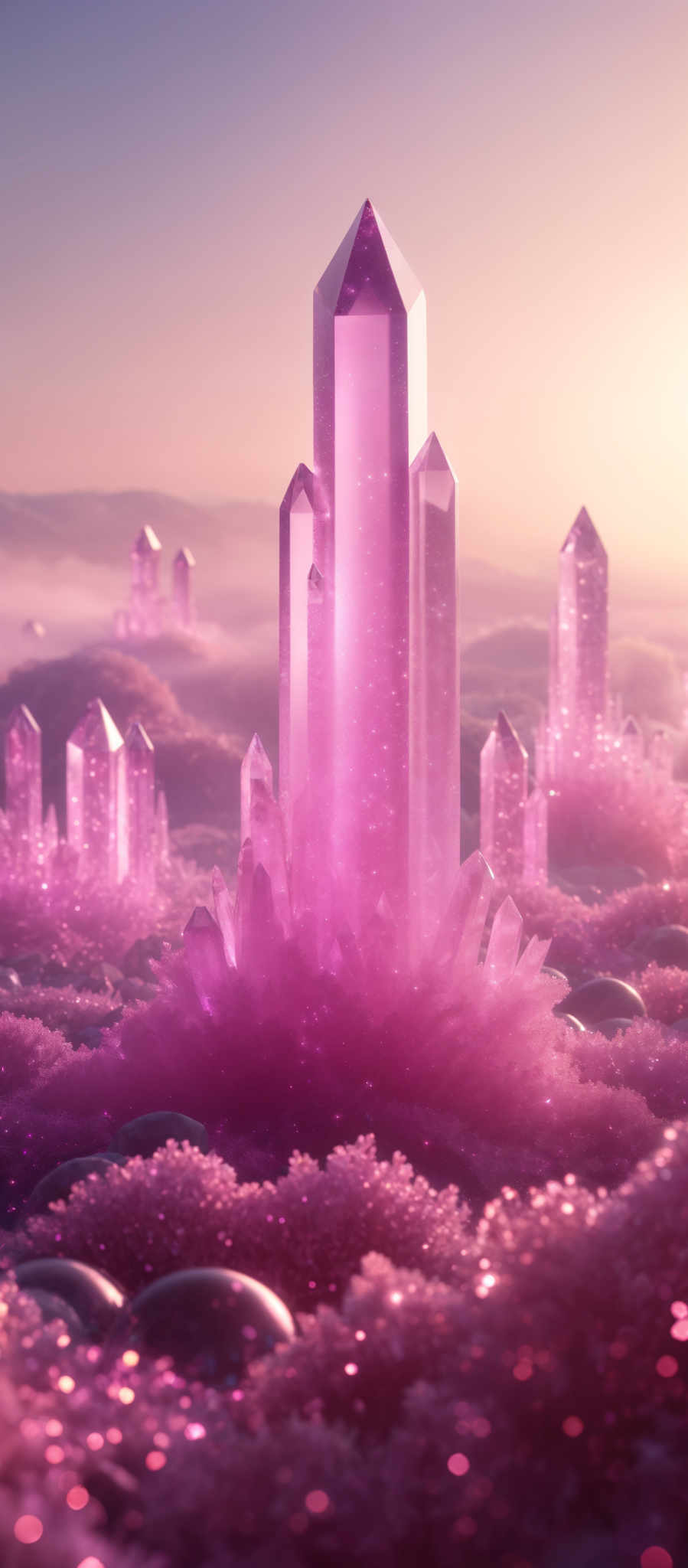 The image showcases a surreal landscape dominated by towering crystal formations. These crystals are translucent and have a pinkish hue, reflecting light in a way that gives them a glowing appearance. The landscape is covered in a pile of pink, crystalline substance, possibly representing a field of crystalls. The sky above is a gradient of pinks and purples, suggesting either a sunrise or sunset. There are also smaller crystal structures scattered throughout the landscape.