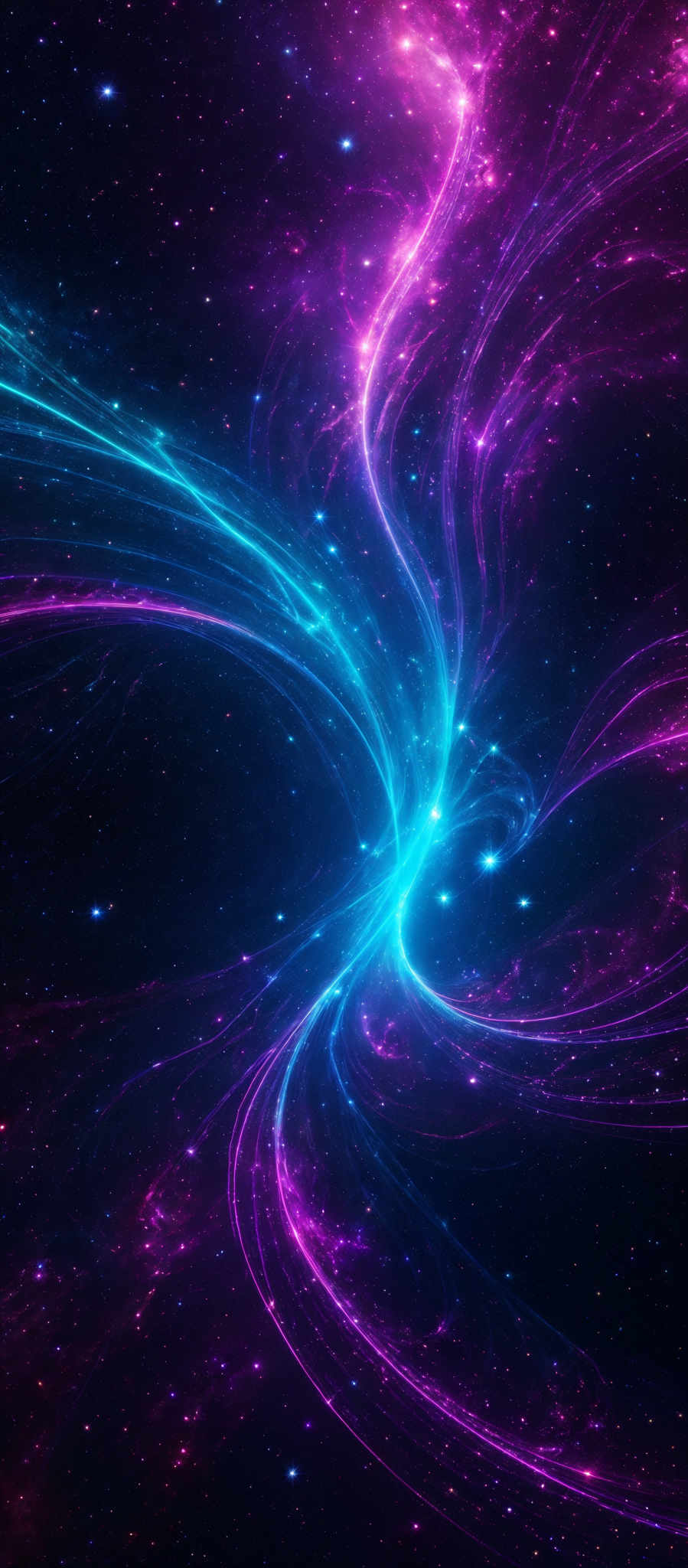 The image showcases a vibrant cosmic scene with swirling patterns of neon colors. Dominant colors include shades of purple, blue, and pink. The swirls appear to be energy or light streams, intertwining and converging in a central point. The background is filled with a deep black, dotted with numerous bright stars, giving the impression of a vast, star-studded space.