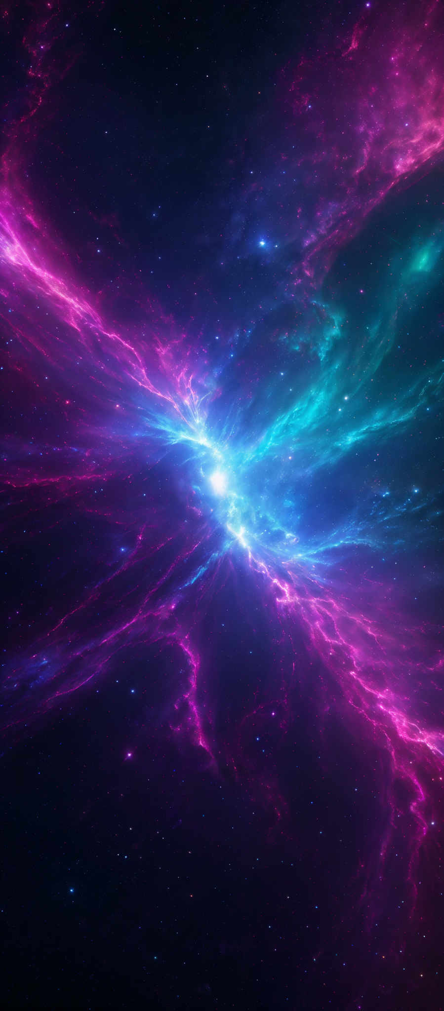 The image showcases a vibrant cosmic scene with a myriad of colors. Dominating the center is a radiant burst of blue and white light, which appears to be a star or a supernova. Surrounding this central light are swirling patterns of pink, purple, and green nebulae, giving the impression of dynamic gas and dust clouds in motion. The background is dark, filled with distant stars, adding depth and contrast to the scene.