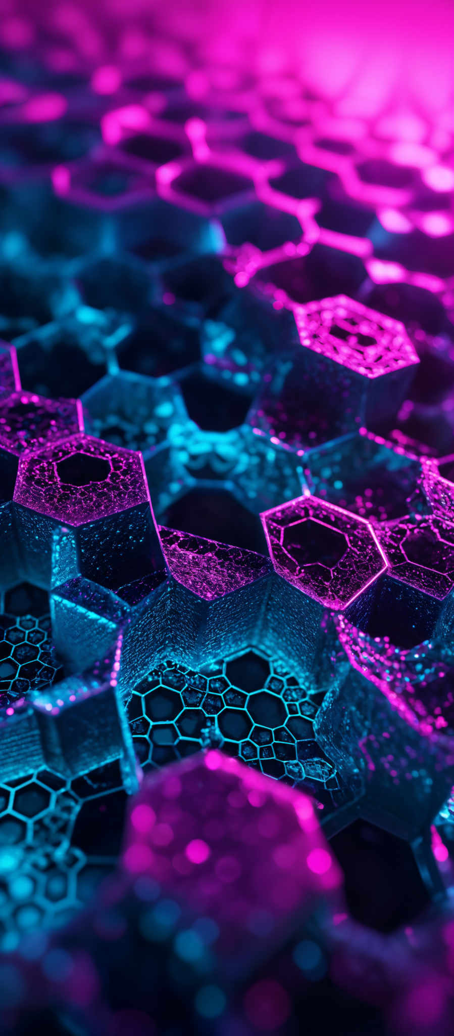 The image showcases a series of hexagonal shapes, interconnected and overlapping. These hexagons are rendered in a translucent manner, allowing light to pass through and create a glowing effect. The predominant colors in the image are shades of pink, purple, and blue, creating a vibrant and ethereal ambiance. The intricate details of the hexagones, combined with the play of light, give the image a futuristic and digital feel.