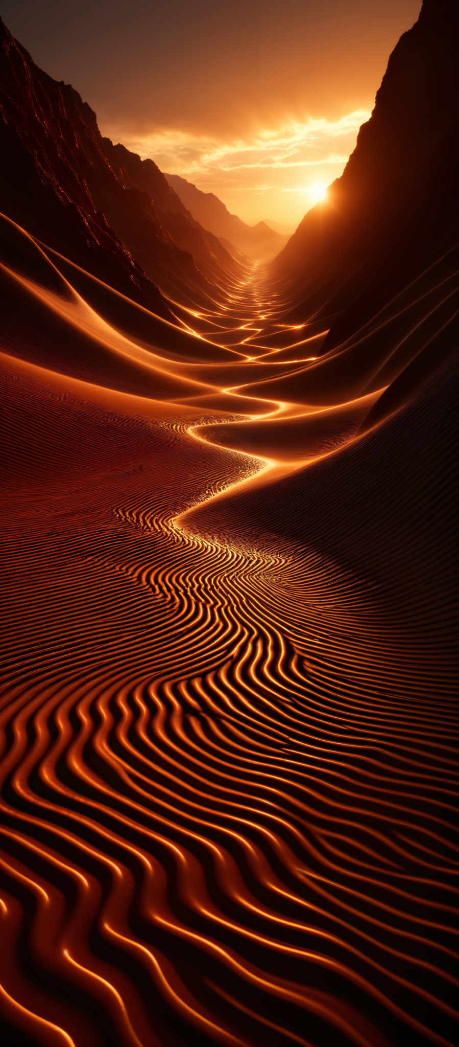 The image showcases a mesmerizing landscape of a desert during sunset. The dominant colors are warm hues of orange, gold, and deep red, reflecting the setting sun. The landscape features undulating sand dunes with intricate patterns created by the wind. The dunes have a wavy texture, with ripples that add depth and dimension to the scene. In the distance, there are mountain ranges silhouetted against the sunset, adding a sense of scale and grandeur to the landscape. The sun itself is captured in the top right corner, casting a brilliant glow that illuminates the entire scene.