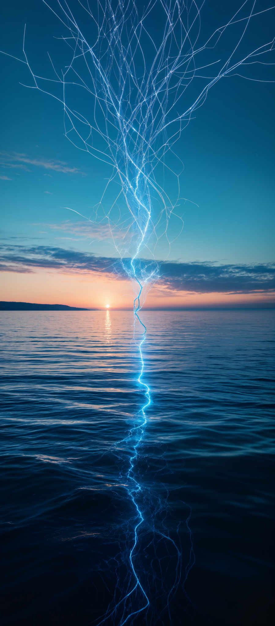 The image showcases a serene seascape during sunset. The sky is painted in hues of blue, transitioning from a deeper shade at the top to a lighter one near the horizon. The sun is setting, casting a warm orange and pink glow on the water's surface. In the foreground, there's a striking display of blue lightning or energy, which appears to be emanating from the sea and shooting upwards, creating intricate patterns in the air. This lightning seems to be reflecting off the water, creating a mirrored effect. The calmness of the sea contrasts with the dynamic energy of the lightning, creating an ethereal and captivating scene