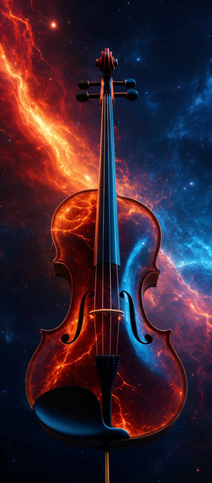 The image showcases a violin set against a cosmic backdrop. The violin itself is intricately designed with a fiery, molten lava-like texture on its body, contrasting with the cool, deep blue and fiery orange hues of the cosmos. The background features swirling galaxies, bright stars, and nebulae, creating a sense of vastness and mystery.