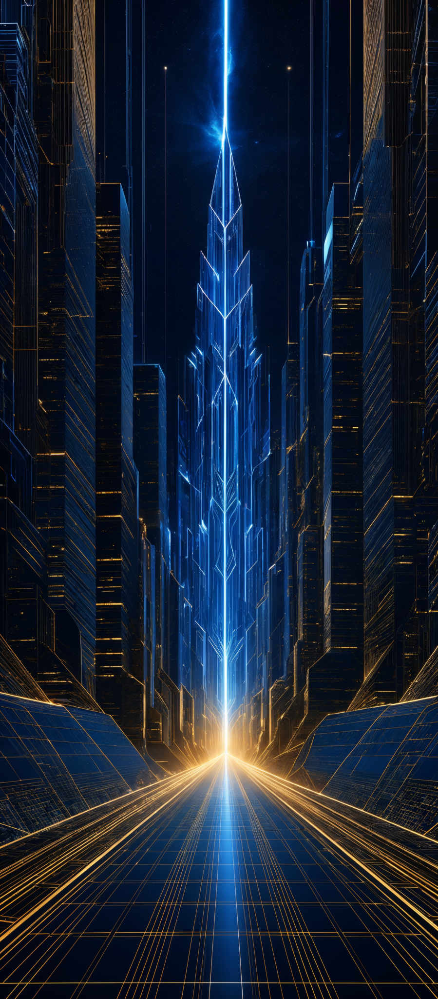 The image showcases a futuristic cityscape with towering skyscrapers. The dominant colors are deep blues and golds. The skyscraper in the center emits a bright blue light, contrasting with the darker buildings surrounding it. The architecture of the buildings is intricate, with many layers and geometric designs. The ground appears to be made of a reflective material, mirroring the buildings and the light emanating from the central skys craper.