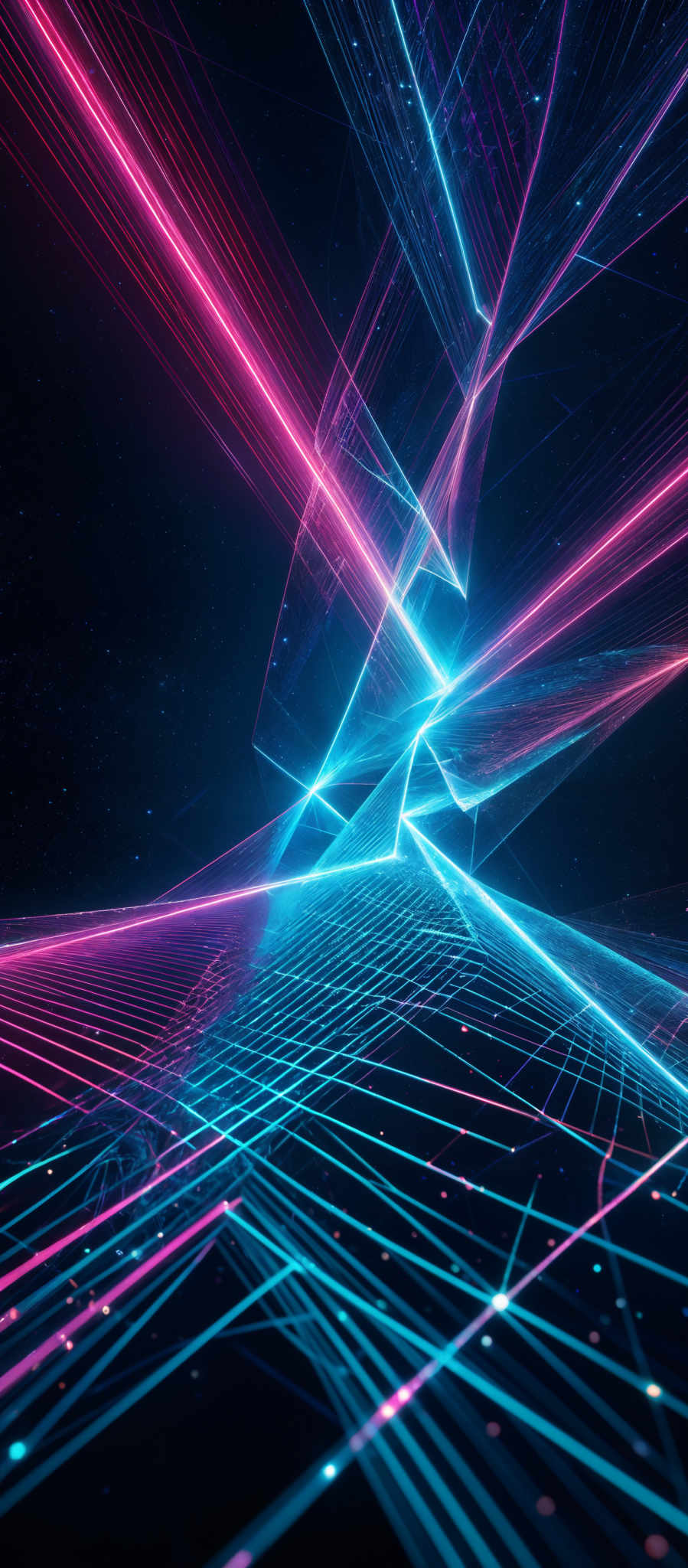 The image showcases a vibrant and dynamic digital artwork. It predominantly features neon hues of pink, blue, and purple. The shapes are intricate and resemble intertwining lines and grids, creating a sense of depth and dimension. The background is dark, possibly representing a night sky or space, which accentuates the brightness and vibrancy of the neon lines.