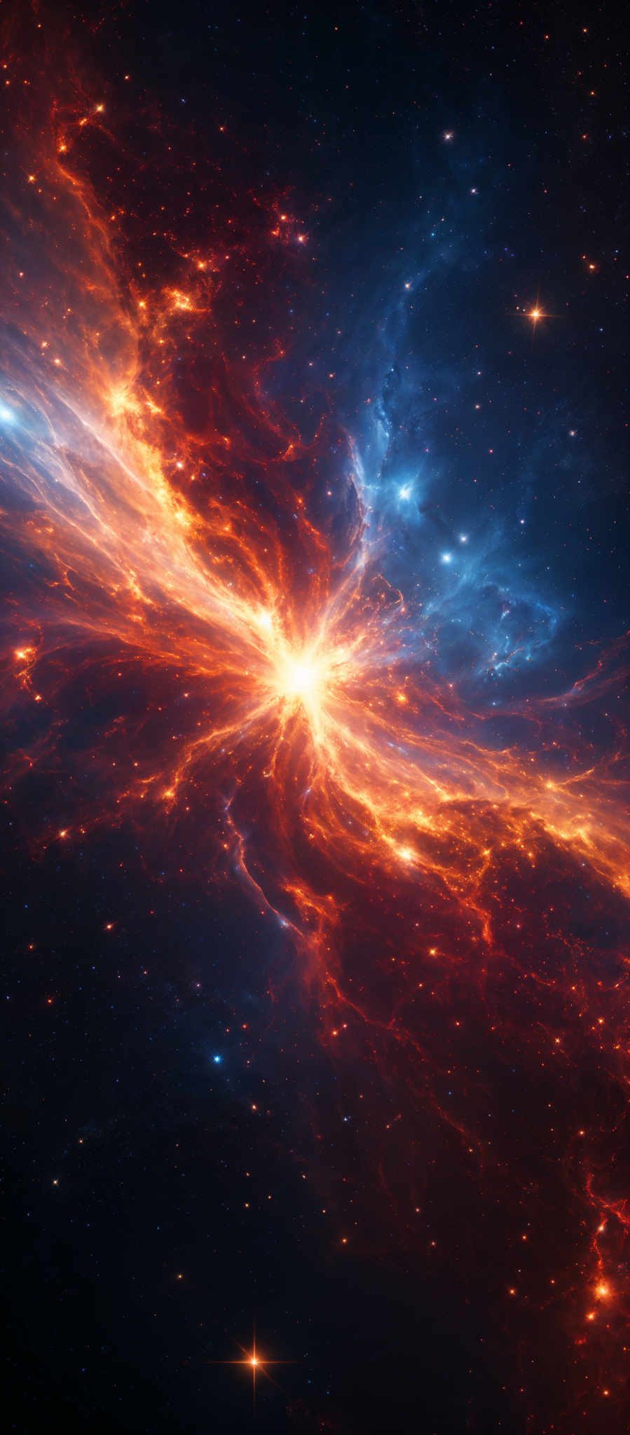 The image showcases a breathtaking cosmic scene. Dominating the center is a radiant burst of light, emanating a brilliant orange and red glow, reminiscent of a star or supernova. This light source is surrounded by swirling patterns of fiery orange and deep red nebulae, interspersed with patches of cooler blue and white gas. The background is a deep black, punctuated by distant stars, giving the impression of a vast, infinite expanse of space.