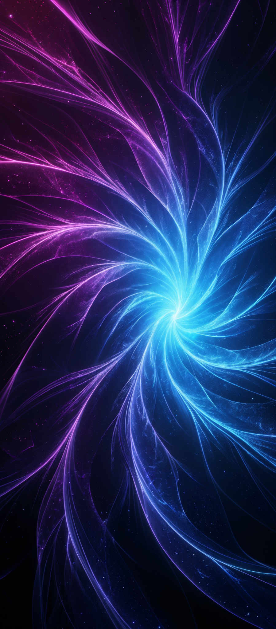 The image showcases a vibrant and mesmerizing swirl of colors. The dominant colors are shades of purple, blue, and pink. The swirls are intricate and appear to be made of energy or light, spiraling outwards in a beautiful, almost organic manner. The center of the image is a bright blue point, which seems to be the focal point, emanating a radiant glow. Surrounding this central point are swirling patterns of pink and blue, giving the image a dynamic and ethereal feel.