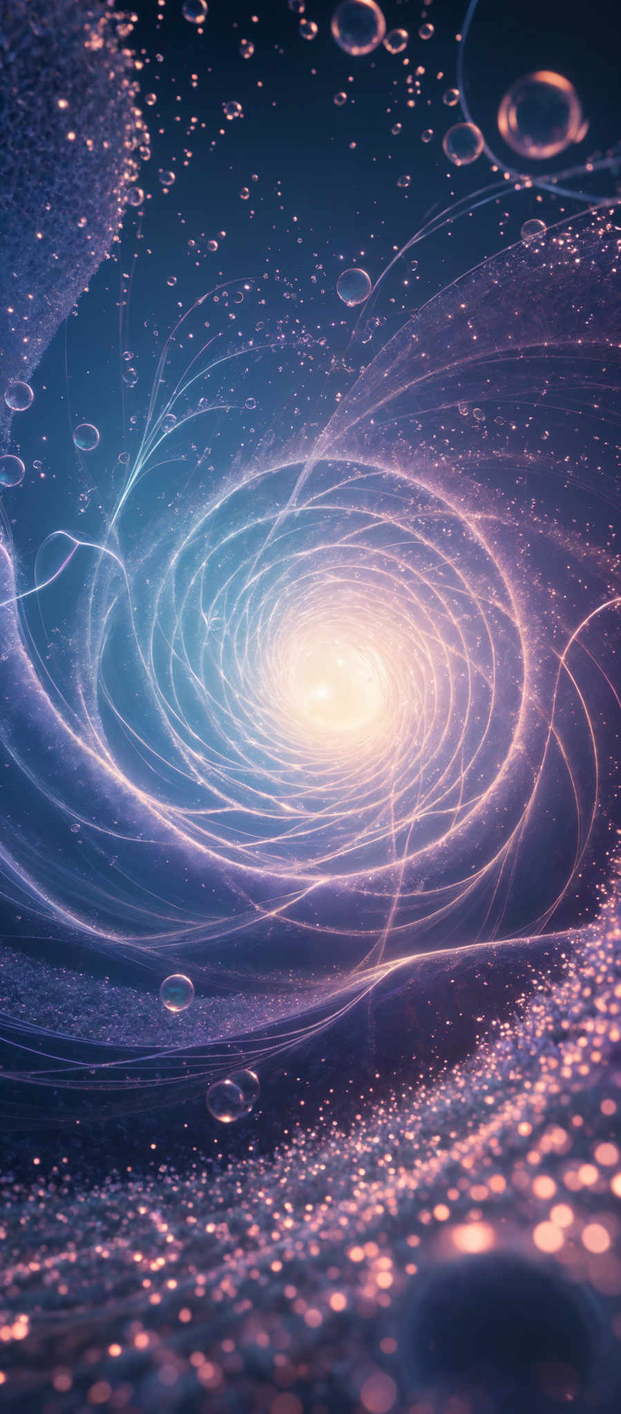 The image showcases a mesmerizing cosmic scene. It predominantly features a swirling vortex of light, reminiscent of a galaxy or a nebula, with hues of deep blue, purple, and a radiant golden-yellow at its core. Surrounding this central vortex are numerous smaller light sources, possibly representing distant stars or other celestial bodies. The image also contains intricate patterns of swirled lines and particles, giving it a dynamic and fluid appearance. The overall ambiance is one of wonder, mystery, and the vastness of the universe.