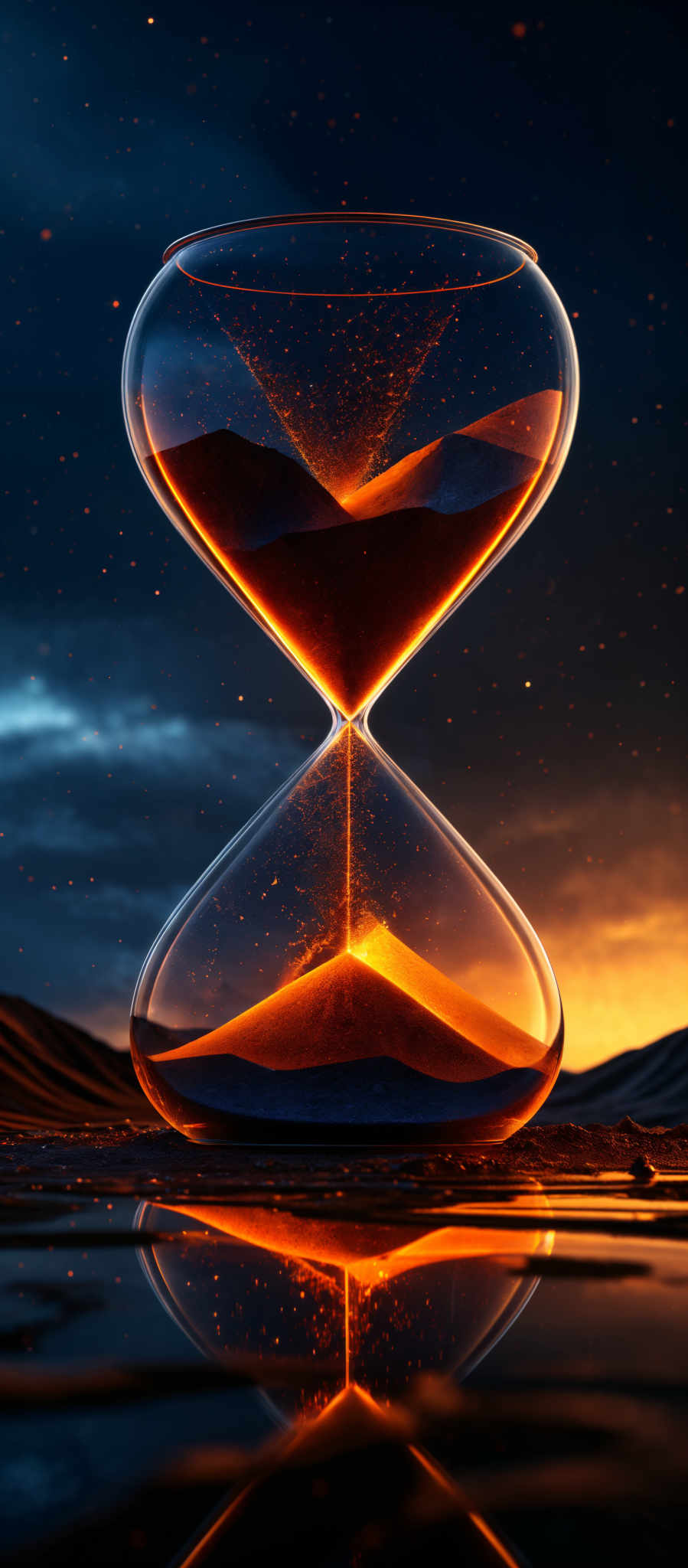 The image showcases a sand timer or hourglass. It has a bulbous top and a concave bottom. The timer is filled with sand, and as the sand flows from the top bulb to the bottom bulb, it creates a visual representation of time passing. The sand inside the timer is glowing with a warm, orange hue, possibly due to a light source beneath or reflecting off the sand. The background is a dark, starry sky with a hint of a horizon showing a sunset or sunrise. The entire scene is reflected on a smooth surface below the timer, creating a mirror image.