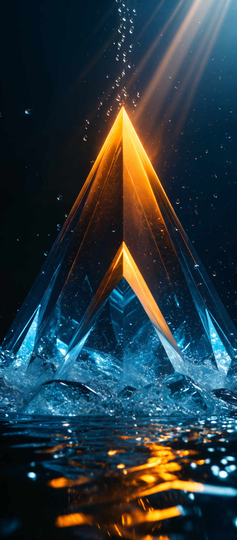 The image showcases a pyramid-shaped structure made of crystal or glass, emanating a radiant golden glow from its apex. The pyramide is surrounded by a vast expanse of water, reflecting the pyramids' light and the surrounding darkness. Bubbles can be seen floating around, and rays of light pierce through the top, illuminating the water's surface.