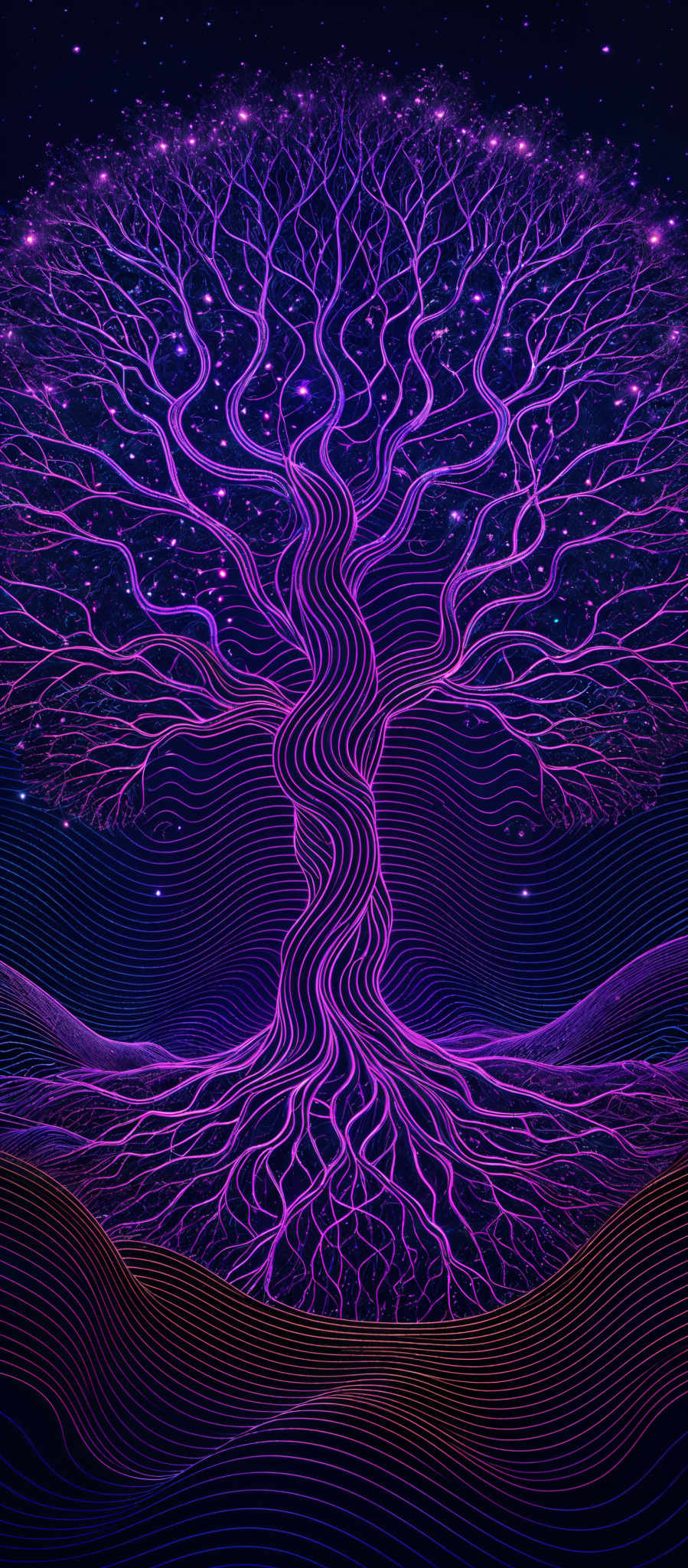 The image showcases a vibrant and intricate depiction of a tree. The tree is adorned with a myriad of intertwined branches that radiate outwards, forming a canopy. The branches are illuminated in shades of purple and pink, creating a mesmerizing contrast against the dark background. The roots of the tree are also prominently displayed, spiraling and intertwining with the ground. The ground itself is depicted with wavy, golden lines, adding depth and dimension to the scene. Above the tree, the sky is filled with shimmering stars, further enhancing the ethereal and magical ambiance of the image, which is accent