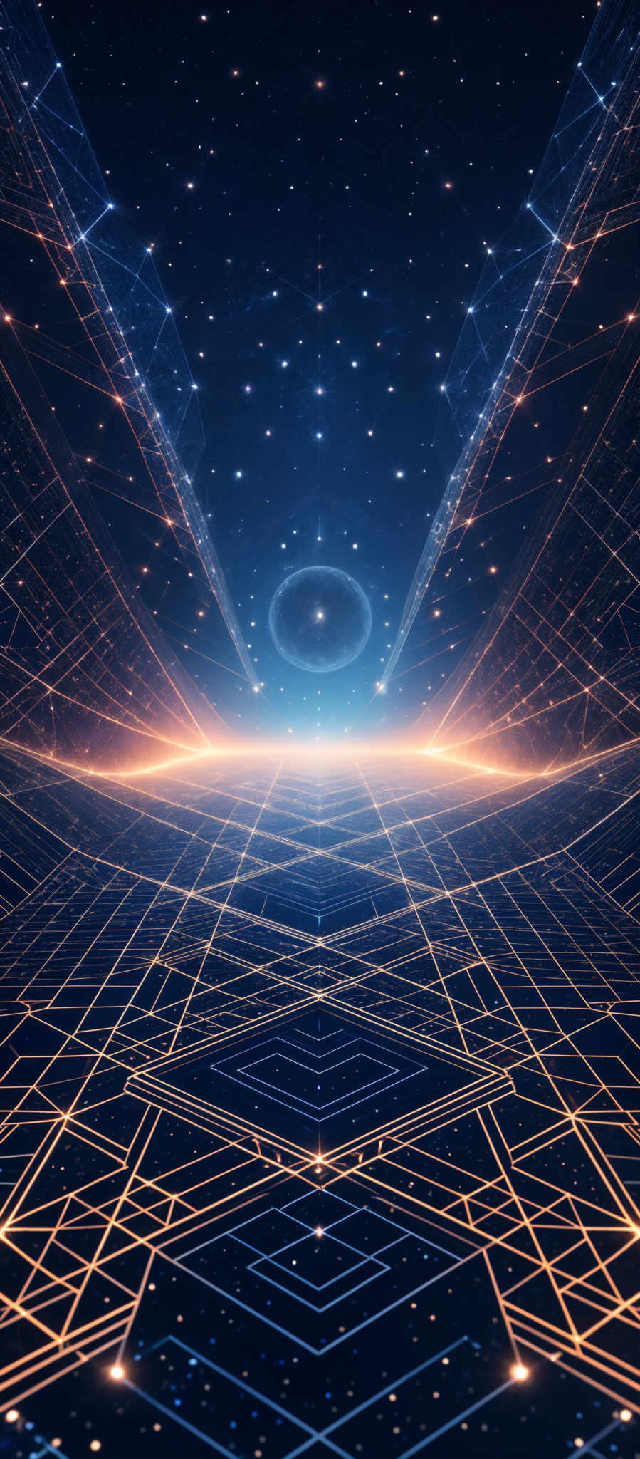 The image predominantly features a deep blue color scheme with accents of golden-orange. The central theme is a cosmic or space-like setting with a vast expanse of stars and a radiant celestial body. The foreground showcases a geometric pattern, possibly a digital or futuristic grid, that converges towards a horizon. This grid is intricately designed with lines forming triangles and other geometric shapes, creating a sense of depth and dimension.