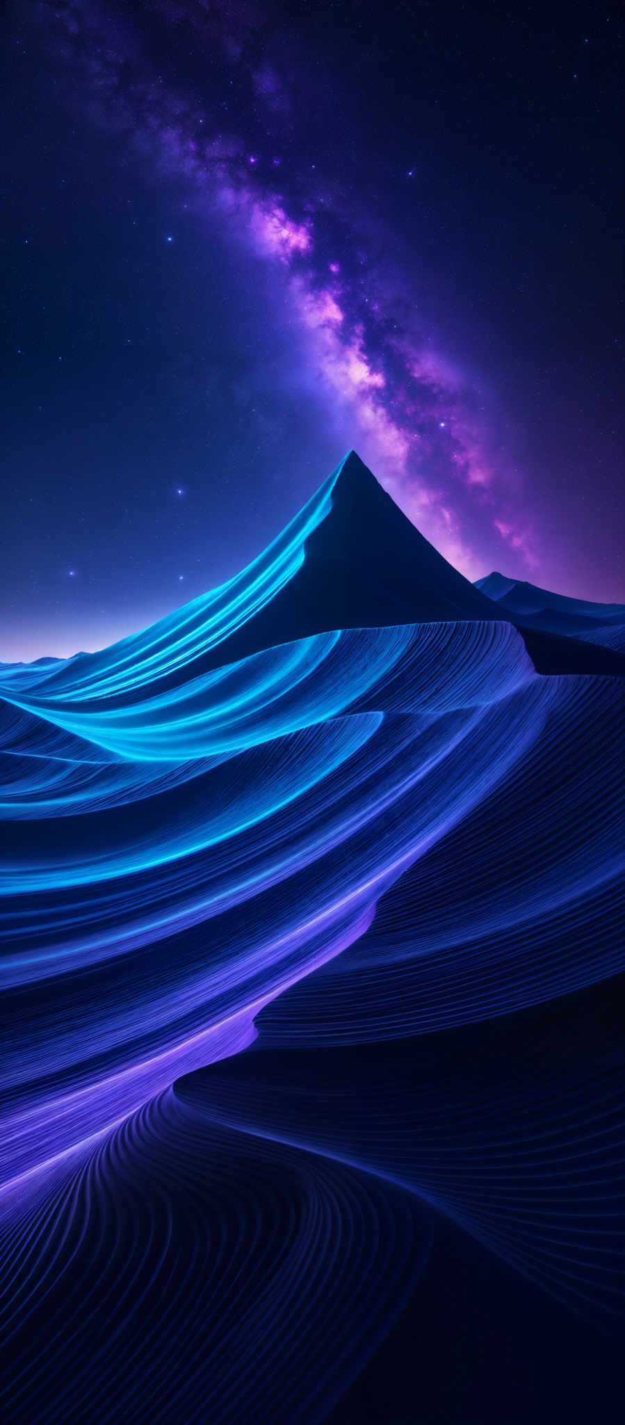 The image showcases a mesmerizing landscape with a series of undulating sand dunes. The dunes are illuminated in hues of blue and purple, giving them a neon-like appearance. Above the dunes, the night sky is painted with a vibrant display of the Milky Way galaxy, radiating in shades of purple and pink. The Milky way stretches across the sky, with countless stars dotting its surface. The overall ambiance of the image is both serene and awe-inspiring, capturing the beauty of nature and the vastness of the universe.