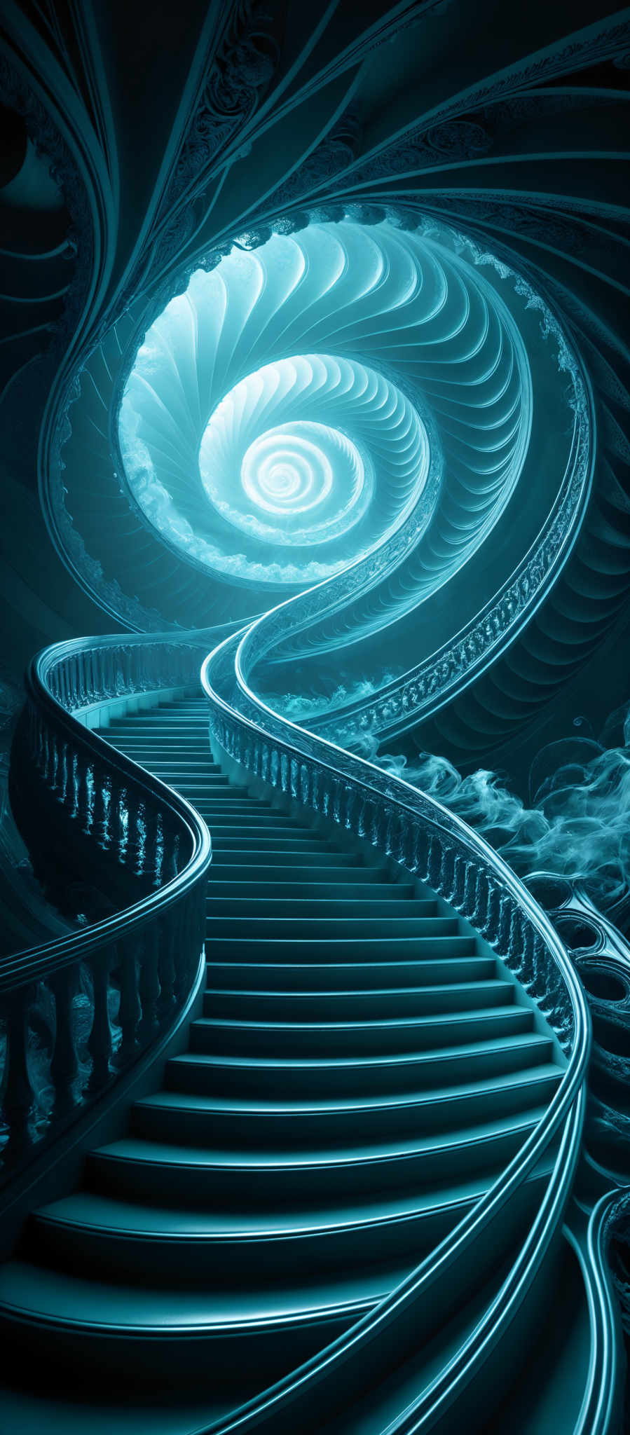 The image showcases a mesmerizing spiral staircase with intricate designs. The dominant colors are various shades of blue, ranging from deep navy to lighter turquoise. The staircases spiral upwards, with each step beautifully carved and adorned with ornate railings. The center of the spiral features a luminous, swirling light source that emits a soft glow, contrasting with the darker surroundings.