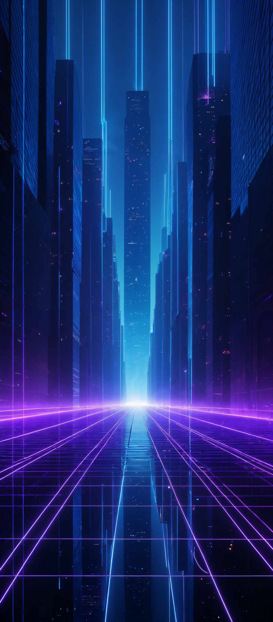 The image showcases a futuristic cityscape with tall skyscrapers. The dominant colors are shades of blue and purple, giving the city a neon-like glow. The buildings are dark, almost black, with some illuminated windows. The ground is covered with a reflective surface, mirroring the buildings and the vibrant neon lights. The central part of the image features a bright vertical beam of light, possibly indicating a central hub or a significant landmark.