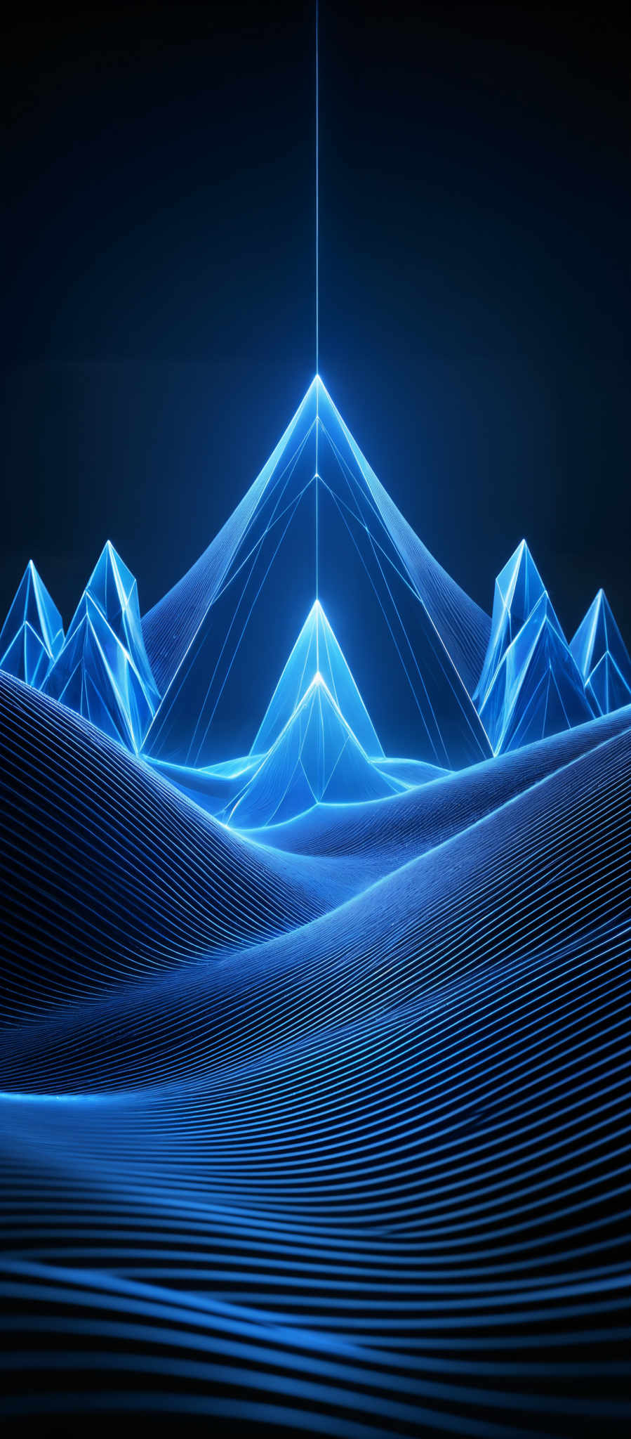 The image showcases a vibrant and mesmerizing digital landscape. Dominated by hues of deep blue and neon, the scene features a series of geometric shapes, primarily triangles, that radiate a bright glow. These triangles are interconnected, forming a larger pyramid-like structure in the center. The foreground is adorned with wavy, undulating patterns that resemble flowing water or sand dunes. The entire composition exudes a sense of futuristic elegance and digital artistry.