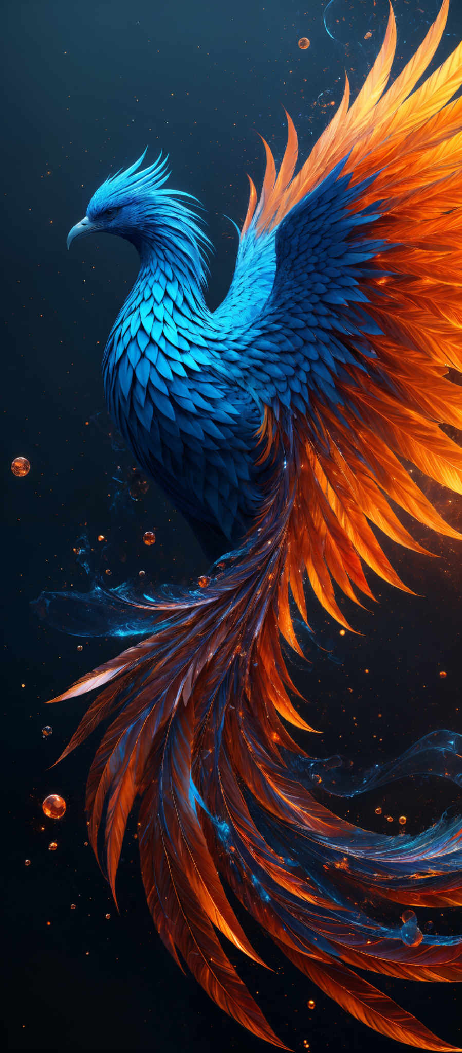 The image showcases a majestic creature resembling a bird, with vibrant colors. The bird has a predominantly blue body with intricate feather patterns. Its wings are a fiery orange, almost resembles flames, with a contrasting blue hue at the tips. The background is dark, with floating particles and bubbles, adding to the ethereal ambiance.