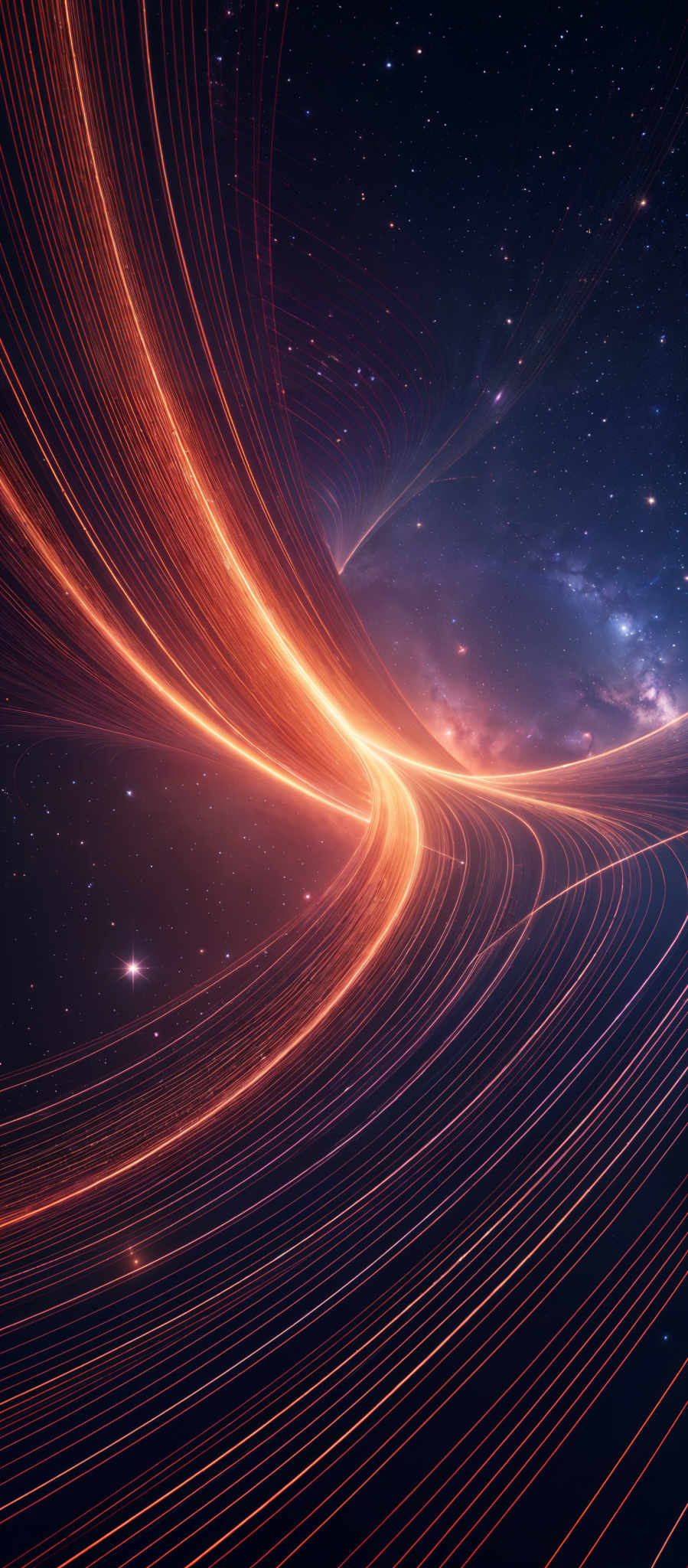 The image showcases a vibrant and mesmerizing interplay of colors. Dominantly, there are hues of deep blue, fiery orange, and a touch of purple. The shape is reminiscent of a swirling vortex or a cosmic whirlpool, with bright, luminous streaks of light emanating from its center. These streaks form intricate, curved patterns that spiral outwards, creating an illusion of motion and energy. The background is dotted with distant stars, adding to the ethereal and otherworldly feel of the image, suggesting that this scene might be set in the vast expanse of space.