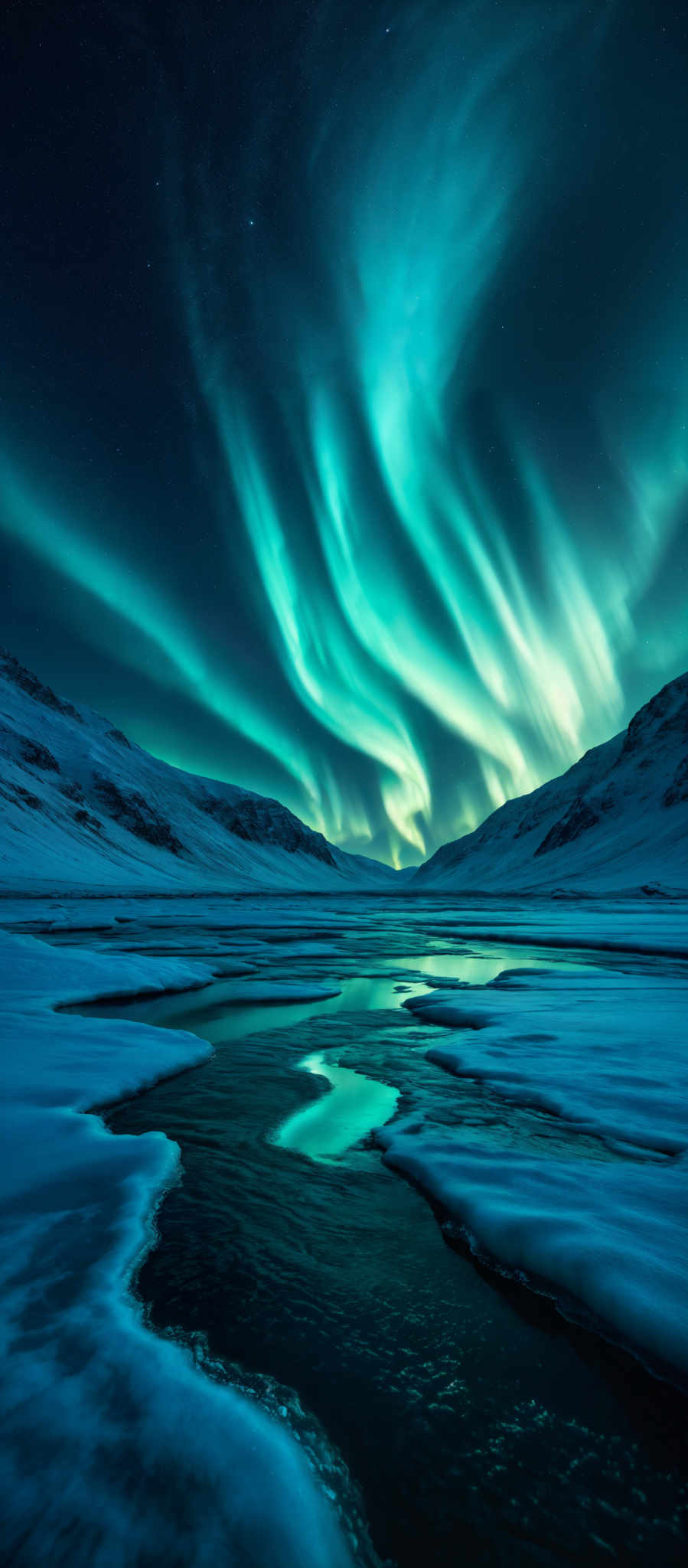 The image showcases a breathtaking view of the Northern Lights, also known as the Aurora Borealis. These lights display a mesmerizing array of green hues, swirling and dancing across the night sky. The lights are reflected in a body of water below, creating a mirrored effect. The landscape is dominated by snow-covered mountains and a frozen body of ice, with the water showing patches of open water and ice formations. The overall ambiance is serene and awe-inspiring, capturing the raw beauty of nature.