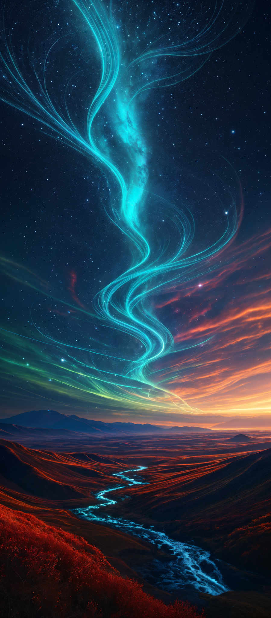 The image showcases a mesmerizing landscape with a vivid night sky. The sky is dominated by swirling patterns of blue and green, reminiscent of auroras or cosmic energy. These patterns seem to emanate from a central point, resembling a vortex or a celestial phenomenon. The stars are scattered throughout the sky, adding to the ethereal beauty. Below, the landscape is bathed in a warm, golden hue, possibly from a setting or rising sun. It features rolling hills, a winding river, and dense vegetation. The colors transition from the fiery oranges and reds near the horizon to the deep blues and greens of the night