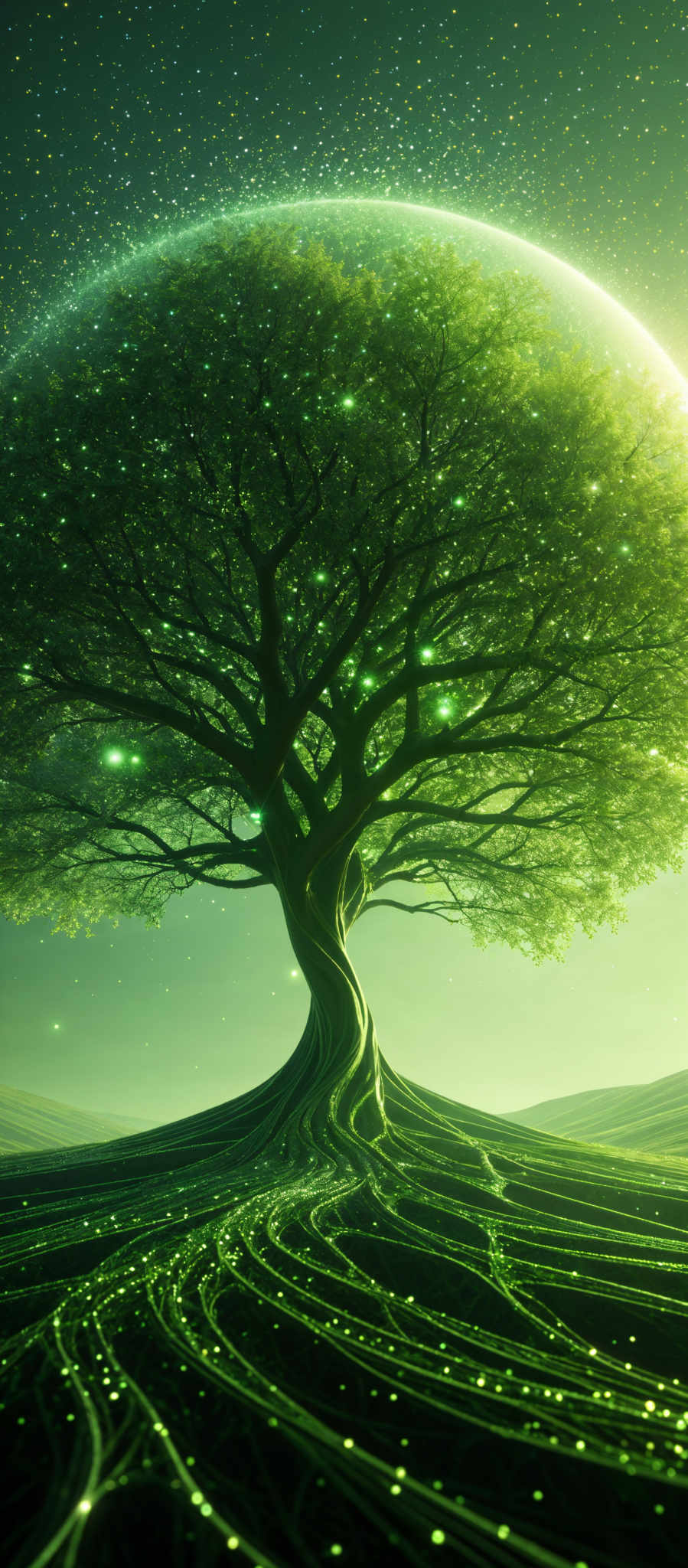 The image showcases a vibrant and luminous tree set against a backdrop of a starry night sky. The tree is large and sprawling, with its branches extending outwards in a circular pattern. The foliage of the tree is illuminated with a radiant green glow, and the roots of the plant seem to be intertwined with a series of glowing, green, ribbon-like structures that stretch out into the distance. The ground beneath the tree appears to be made of a reflective material, mirroring the tree's silhouette and the glow from the roots. The sky above is dark, dotted with numerous twinkling stars, and there's a subt