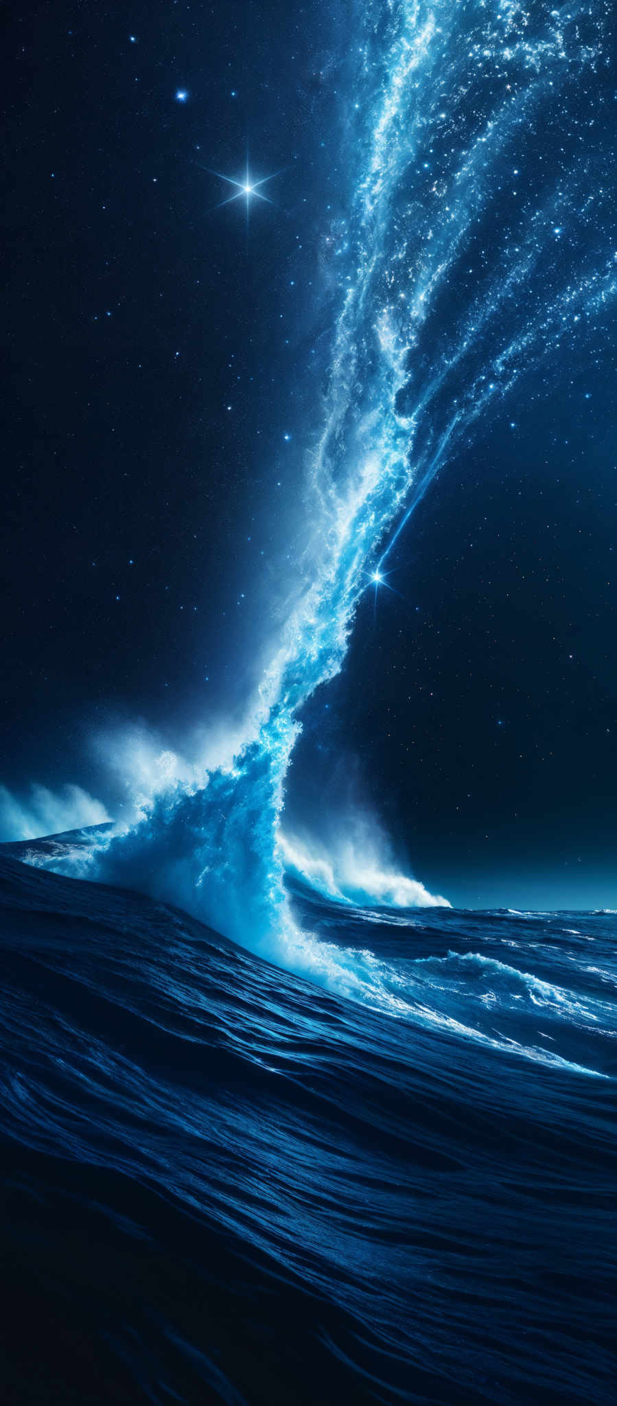 The image showcases a breathtaking scene of a vast ocean with waves crashing against the shore. Above the waves, there's a magnificent display of a starry night sky, with twinkling stars and a radiant blue nebula cascading down, almost like a waterfall. The nebular formation is illuminated, creating a mesmerizing contrast with the dark blue of the ocean and the deep black of the night sky.