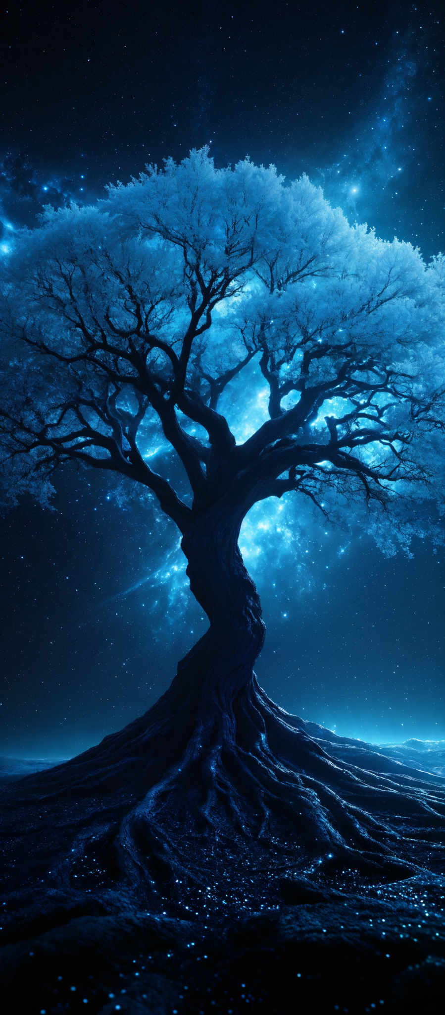 The image showcases a large, twisted tree with sprawling branches. The tree is set against a backdrop of a starry night sky, illuminated by a radiant blue glow. The ground beneath the tree is rugged and appears to be covered in shimmering blue crystals or reflections. The overall color palette is dominated by shades of blue, with hints of white from the stars and a dark silhouette of the tree.