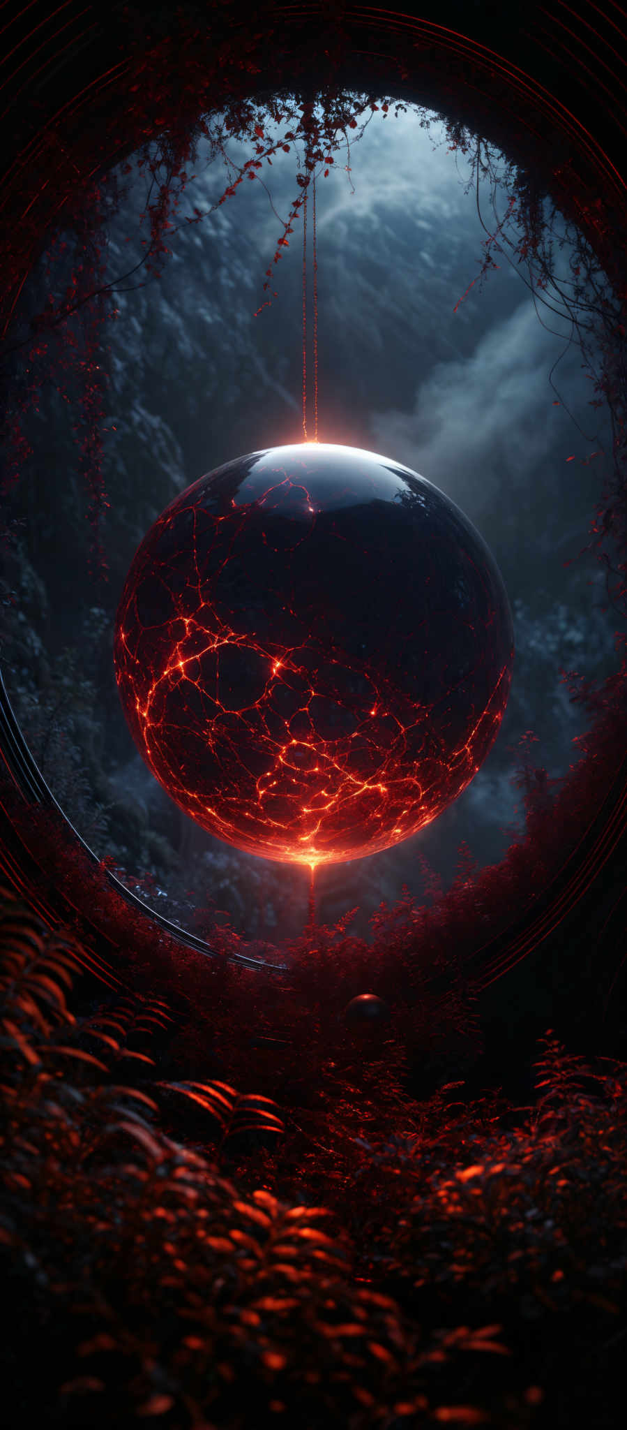 The image showcases a captivating scene with a large, glowing, spherical object suspended in the air. This object emanates a fiery, reddish-orange glow, reminiscent of molten lava or a celestial body. It is surrounded by a circular frame, which appears to be made of stone or metal, with intricate carvings and designs. The frame is adorned with vines and plants, suggesting a connection between the natural and the supernatural. The background reveals a misty, forested landscape, adding depth and a sense of mystery to the scene.