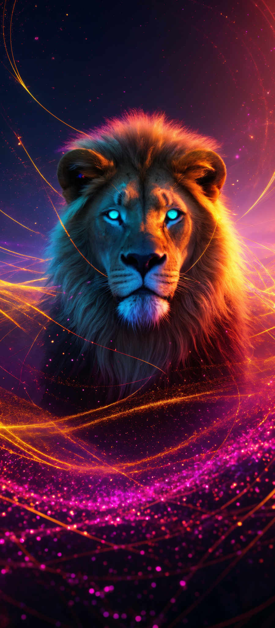 The image showcases a majestic lion with a mane that appears to be glowing with a fiery orange hue. The lion's eyes are a striking shade of blue, emanating a mystical aura. Surrounding the lion are swirling patterns of vibrant colors, including deep purples, fiery oranges, and radiant blues. These patterns seem to be made up of light trails or energy waves, creating a mesmerizing cosmic effect. The bottom of the image is filled with a sparkling, multicolored space, further enhancing the otherworldly ambiance.