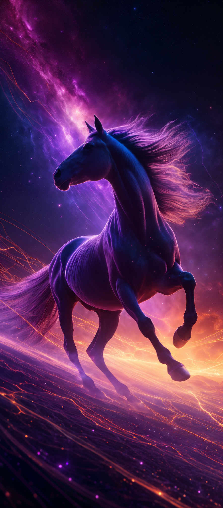 The image showcases a majestic horse rearing up against a cosmic backdrop. The horse is depicted in deep shades of blue and purple, with its mane flowing in the wind. The background is a vibrant mix of purples, blues, and hints of orange, representing a galaxy or nebula. The ground beneath the horse is illuminated with fiery orange and red hues, suggesting a molten or lava-like surface.