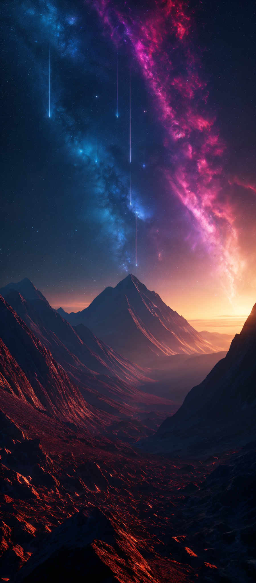 The image showcases a breathtaking celestial scene. The sky is dominated by vibrant hues of blue, pink, and purple, with streaks of white, possibly representing shooting stars or comets. The Milky Way galaxy is prominently visible, casting a milky, cloudy appearance across the sky. Below, a rugged mountain range stretches across the landscape. The mountains are bathed in a warm, golden light, possibly from a setting or rising sun, which casts long shadows across the terrain. The foreground features rocky and uneven terrain with sharp ridges and valleys.