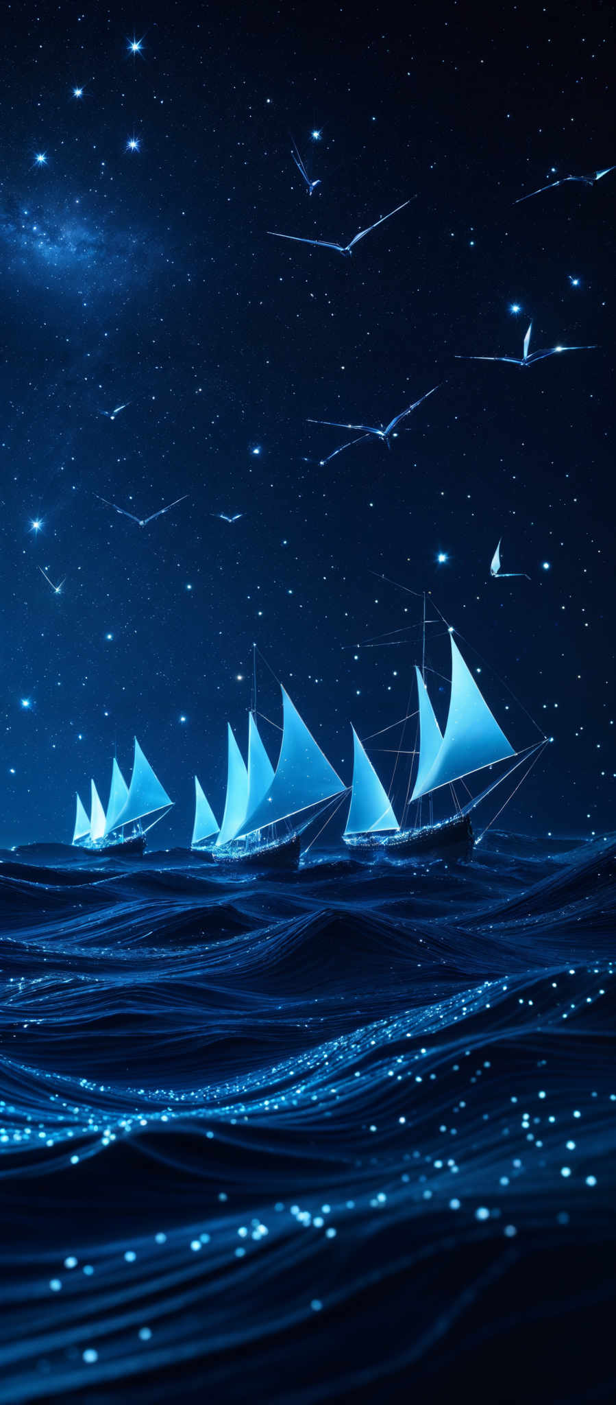 The image showcases a night-time seascape with a deep blue hue dominating the scene. The sky is filled with stars, and there are a few shooting stars visible. The water reflects the starry sky, creating a shimmering effect. There are three ships with white sails, sailing on the water. The sails are illuminated, giving a glowing effect against the dark backdrop. Birds can be seen flying in the sky, and their silhouettes are also visible against the starlit sky.