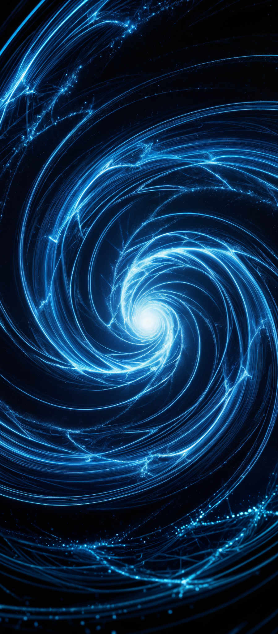 The image showcases a mesmerizing swirl of blue light, reminiscent of a galaxy or a whirlpool. The swirls are intricate and appear to be spiraling inwards, creating a sense of depth and movement. The predominant color is a deep shade of blue, which contrasts beautifully with the dark background. The overall shape is reminisccent of an abstract representation of a spiral galaxy, with bright, luminous trails that seem to be emanating from a central point.