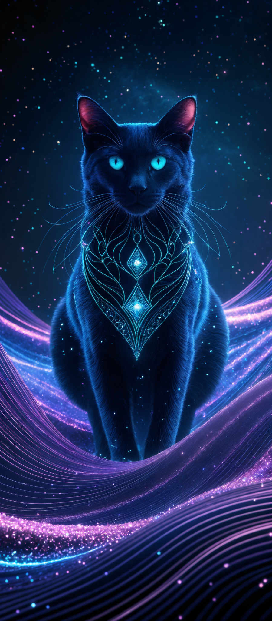 The image showcases a majestic, blue-hued cat with striking blue eyes. The cat is adorned with a unique, ornate collar that features intricate patterns and glowing elements. The background is a mesmerizing display of a starry night sky, with swirling galaxies and vibrant nebulae. The foreground consists of flowing, luminescent waves, possibly representing a cosmic landscape or a magical realm.