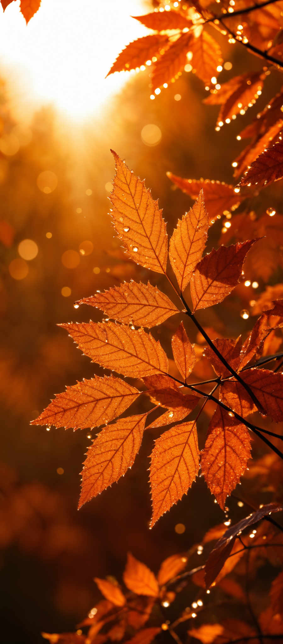 The image showcases vibrant autumn leaves, predominantly in shades of orange and red. The leaves have a distinct elongated shape with serrated edges. They are backlit by a warm, golden sunlight, which casts a radiant glow, creating a bokeh effect with the sun's rays scattered throughout the background.